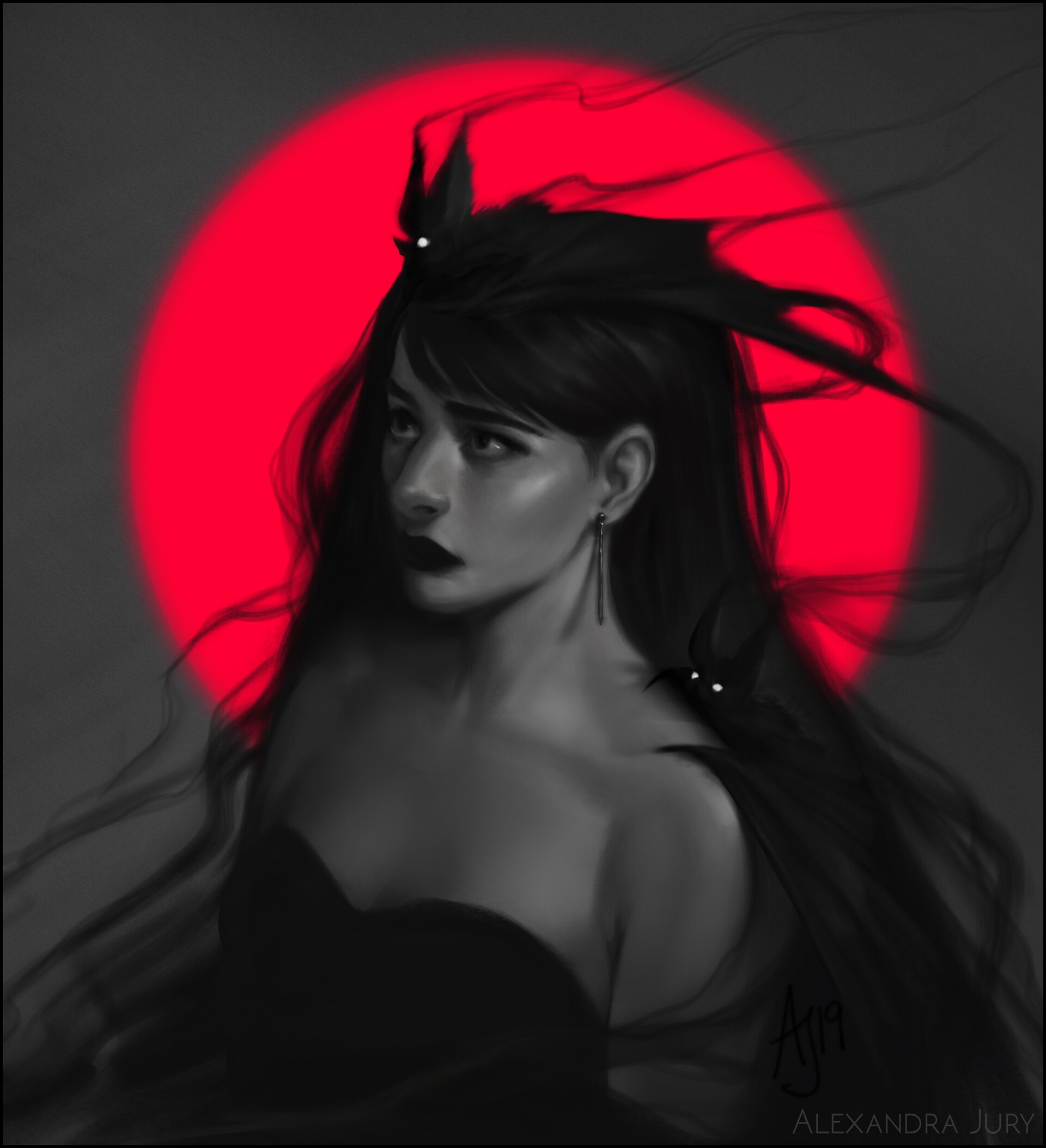 Fantasy girl with red sun and bats HD Phone Wallpaper