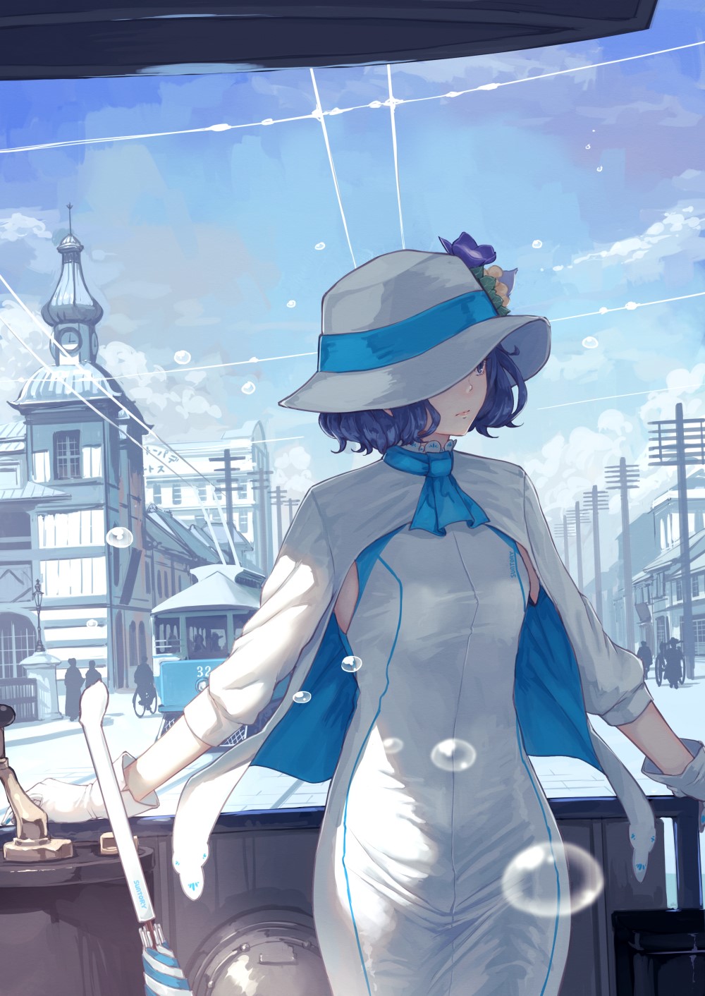 Anime girl in a hat on a train HD Phone Wallpaper