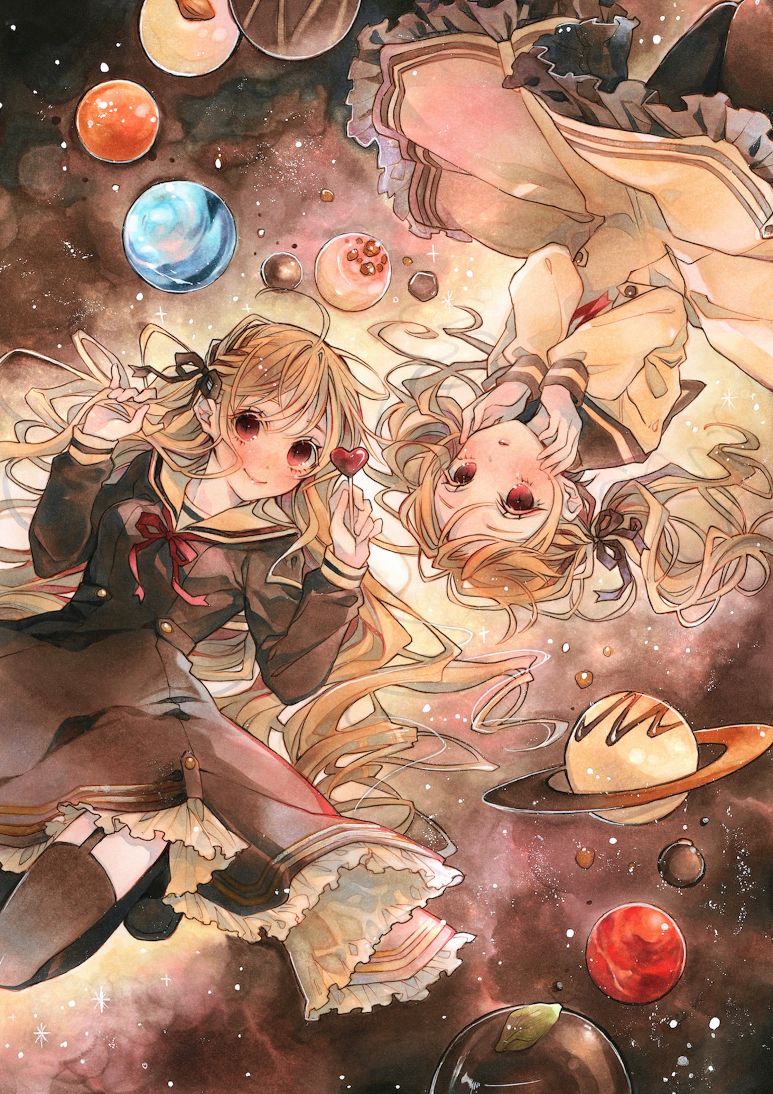 Anime girls with blonde hair and red eyes in space HD Phone Wallpaper