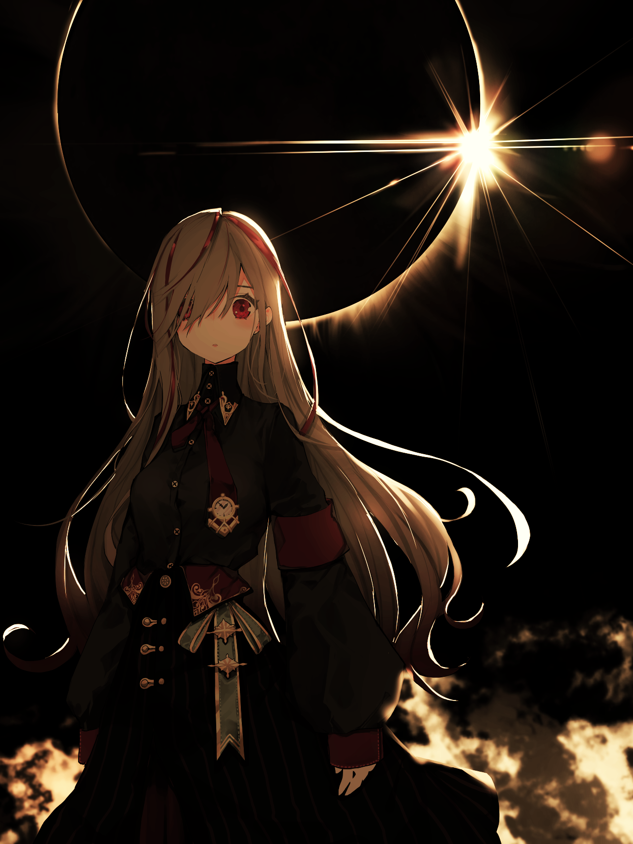 Anime girl with long hair during an eclipse HD Phone Wallpaper