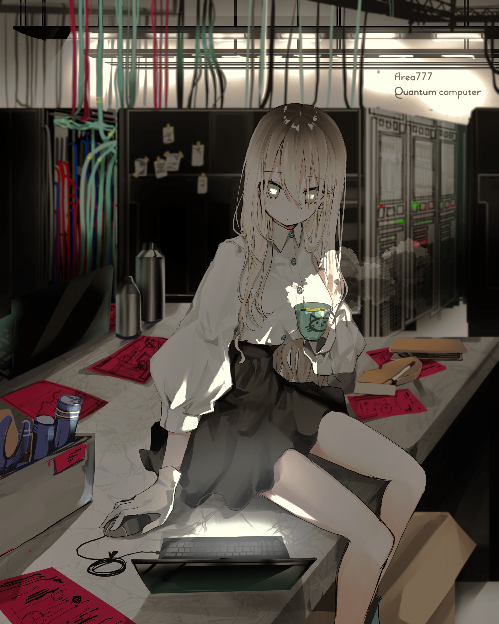 Anime girl in server room with quantum computer HD Phone Wallpaper