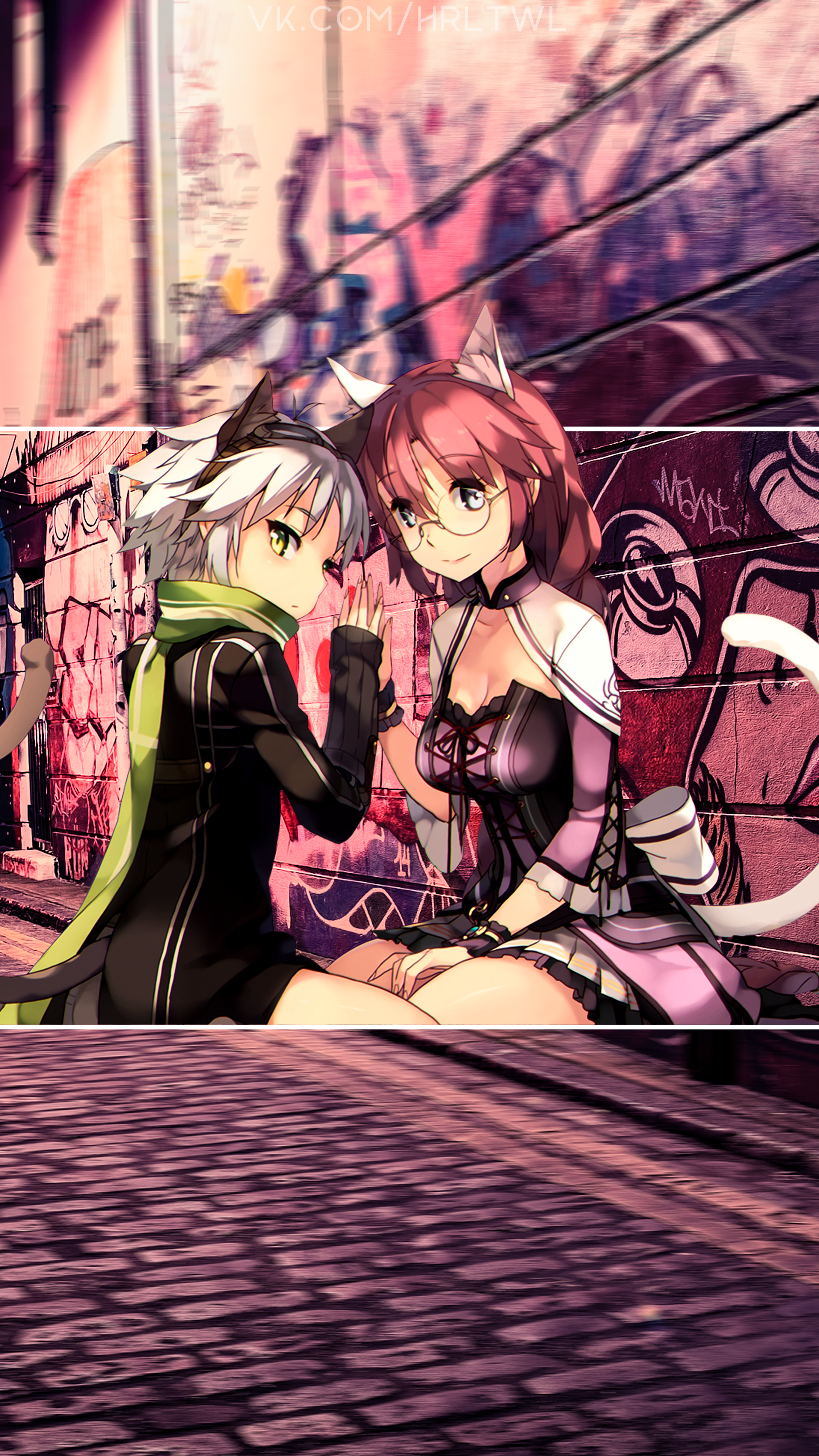 Anime cat girls in front of graffiti wall HD Phone Wallpaper