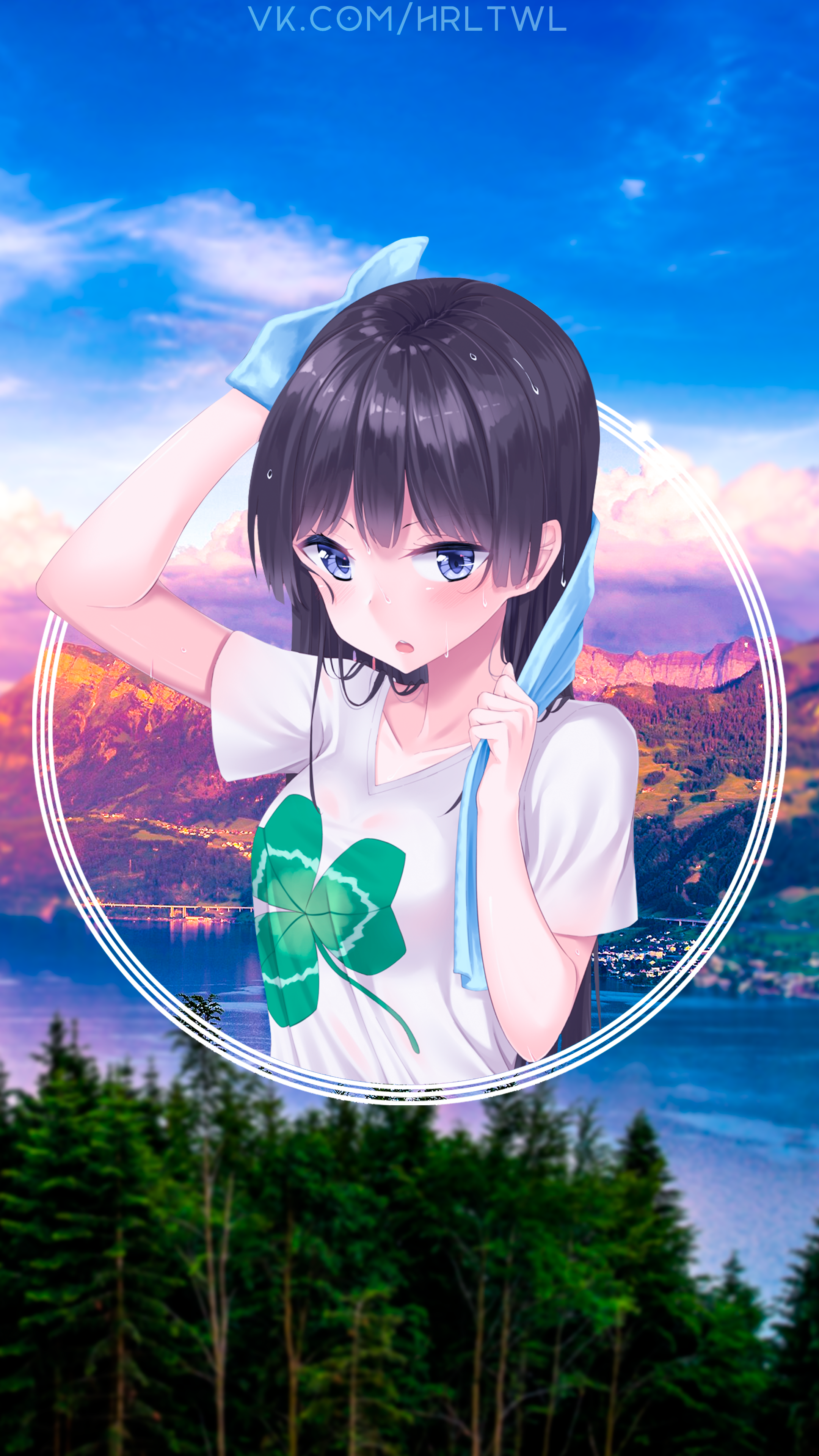 Anime girl with dark hair and a clover shirt HD Phone Wallpaper