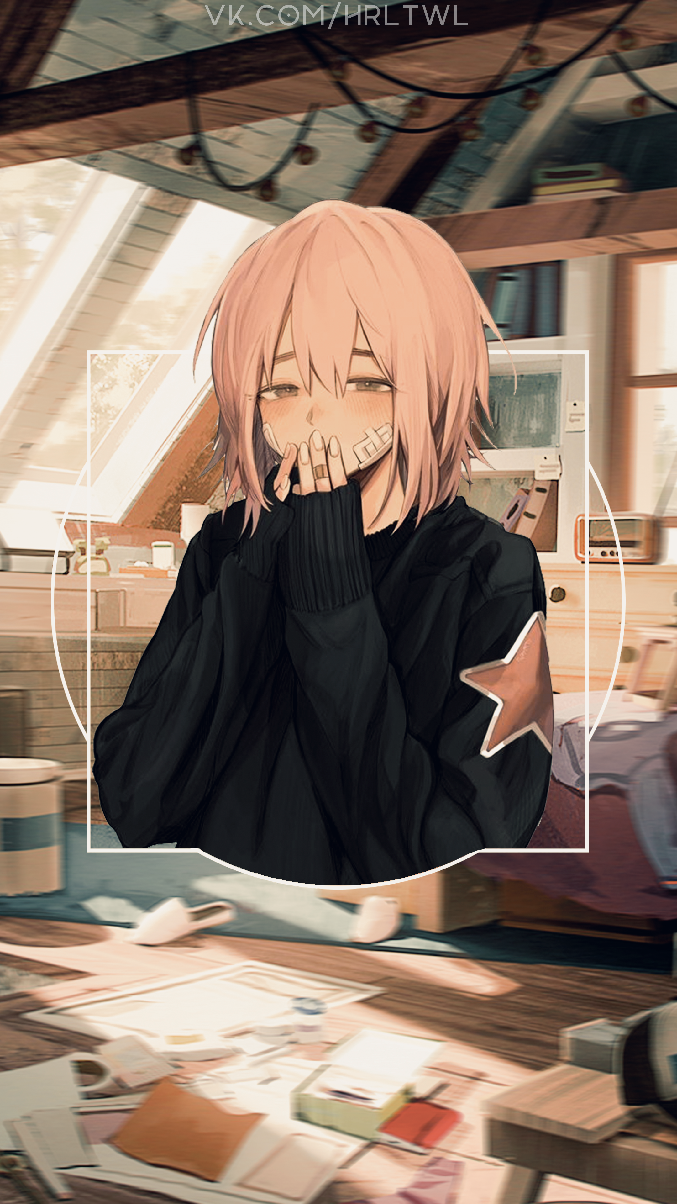 Anime girl with pink hair in a black sweater HD Phone Wallpaper
