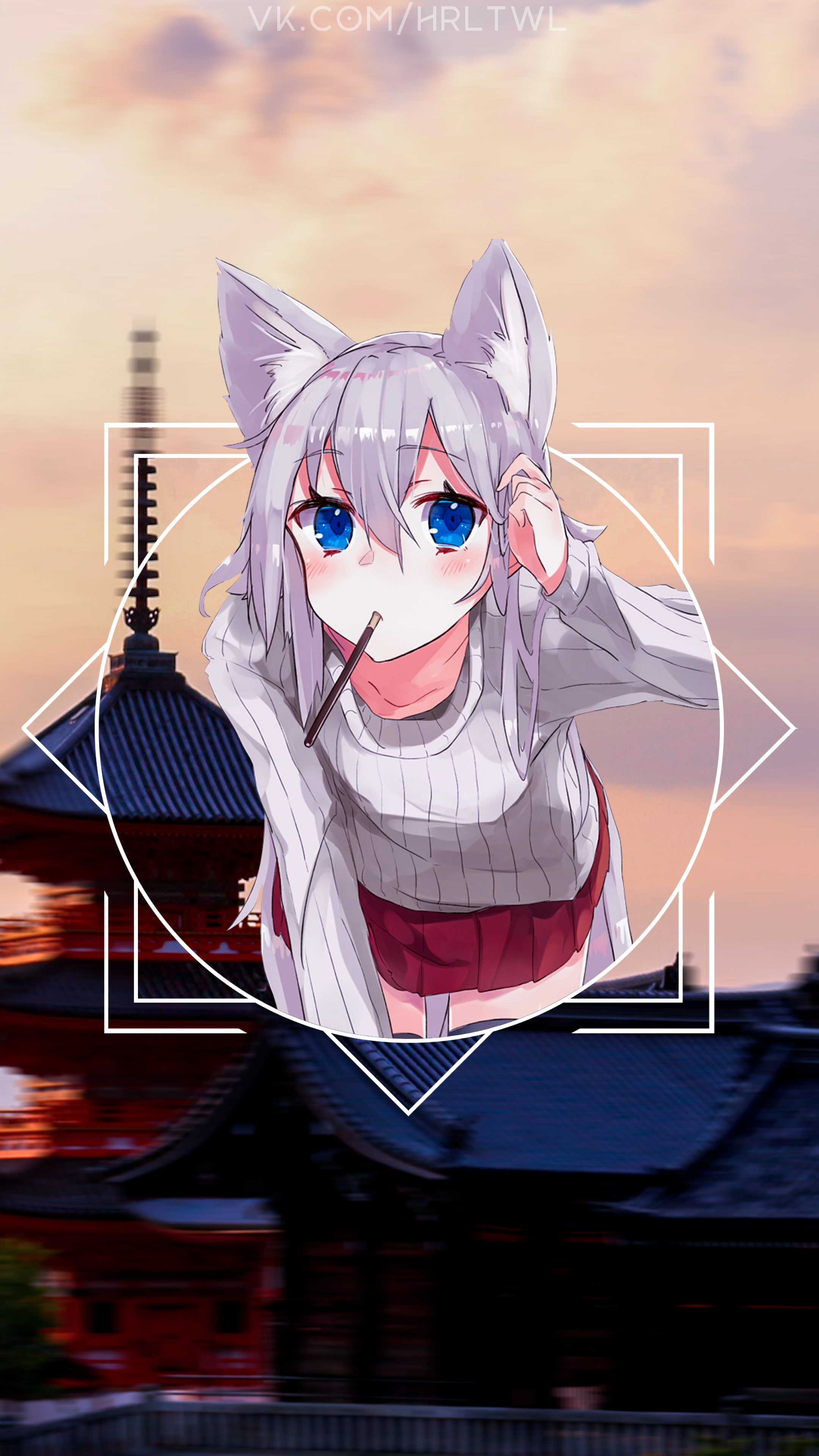 Anime girl with animal ears eating a snack HD Phone Wallpaper