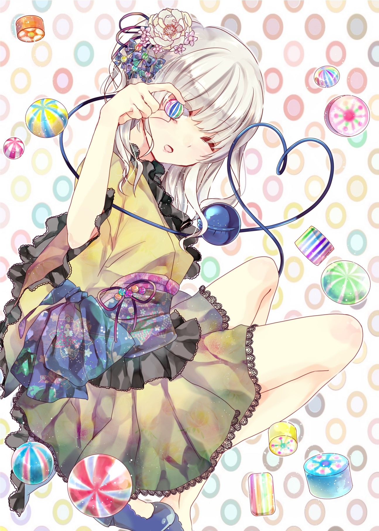 Komeiji Koishi from Touhou surrounded by candies HD Phone Wallpaper