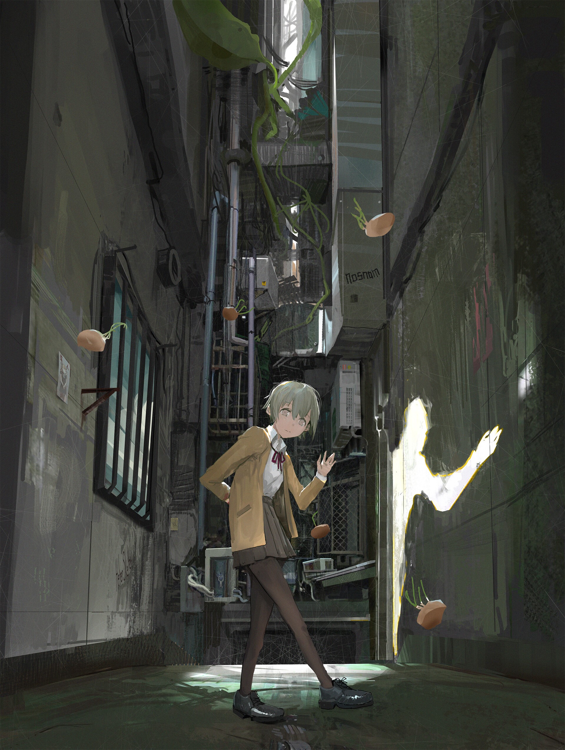 Anime girl in school uniform in an alley HD Phone Wallpaper