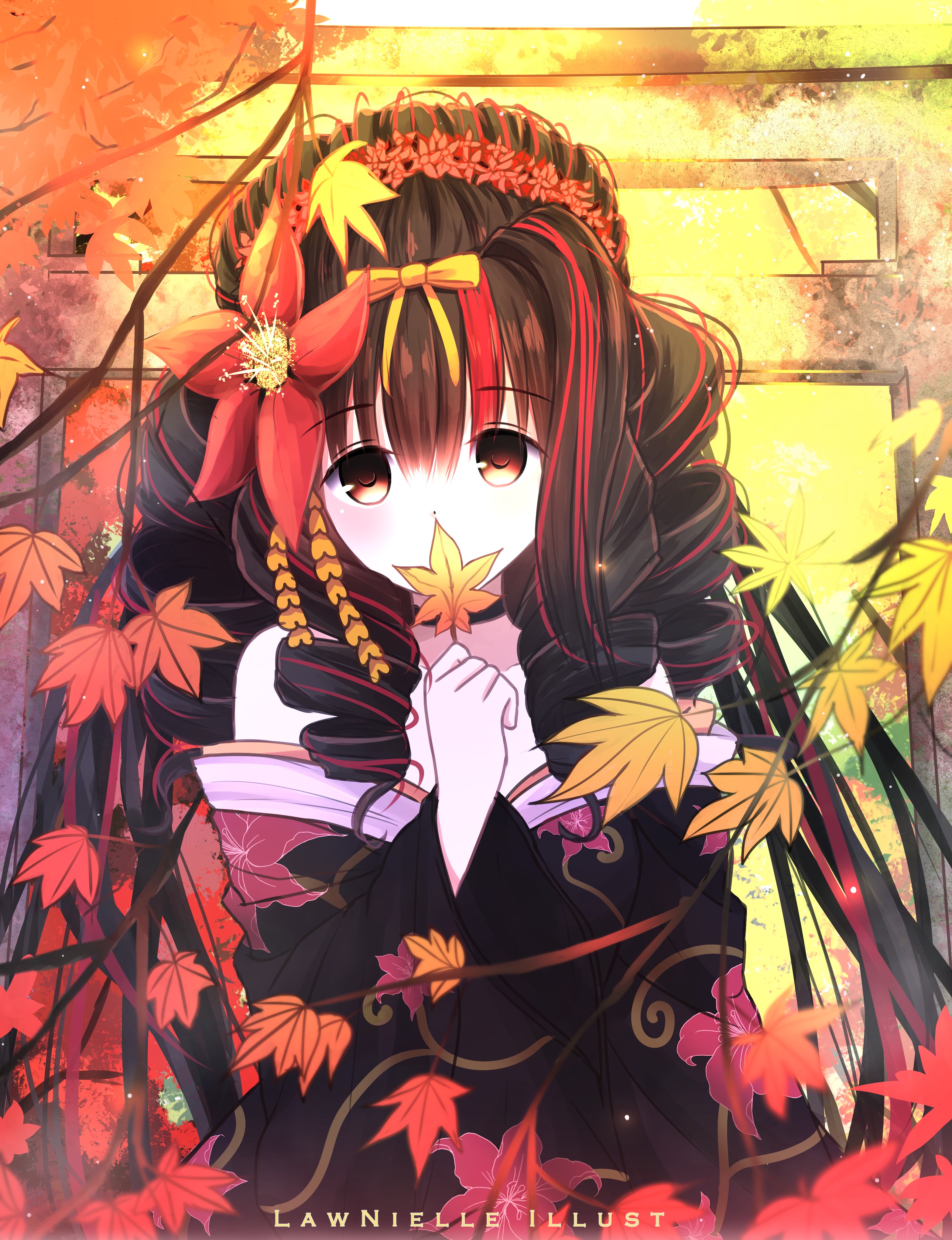 Anime girl with dark hair and red flower in autumn leaves HD Phone Wallpaper