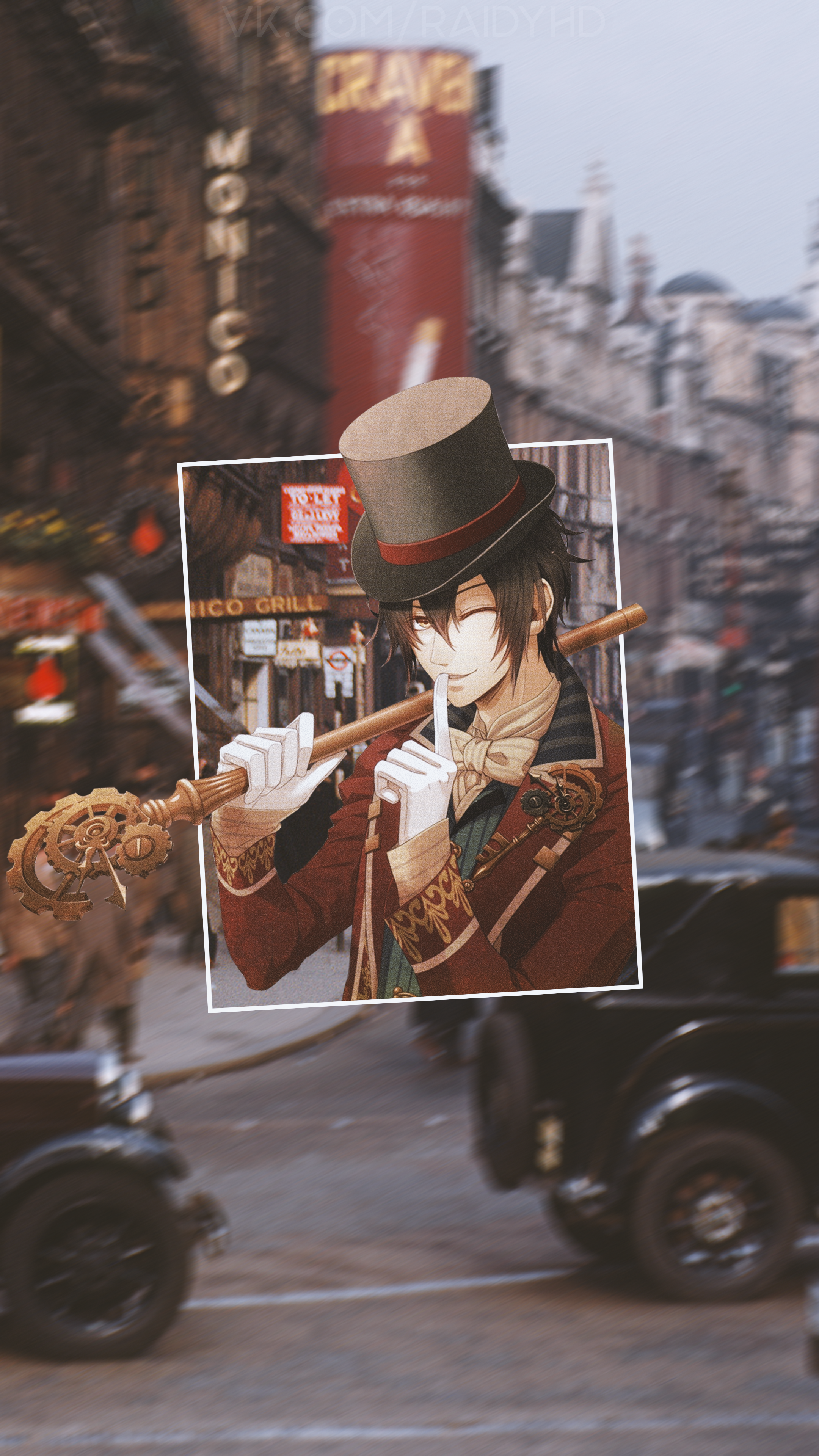 Anime character in steampunk attire with a cane HD Phone Wallpaper