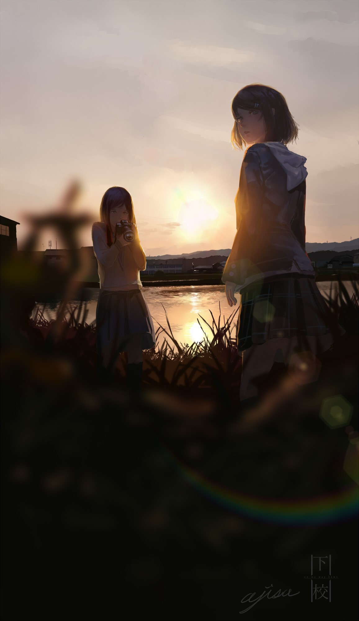 Two anime girls by a lake at sunset HD Phone Wallpaper