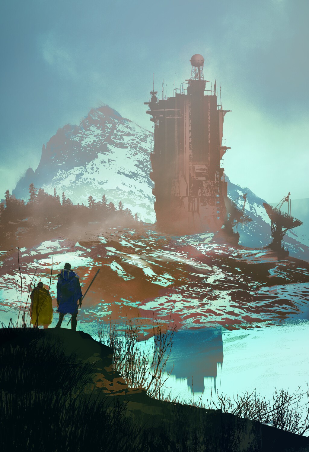 Two figures stand on a cliff overlooking a snowy landscape with a large tower. HD Phone Wallpaper