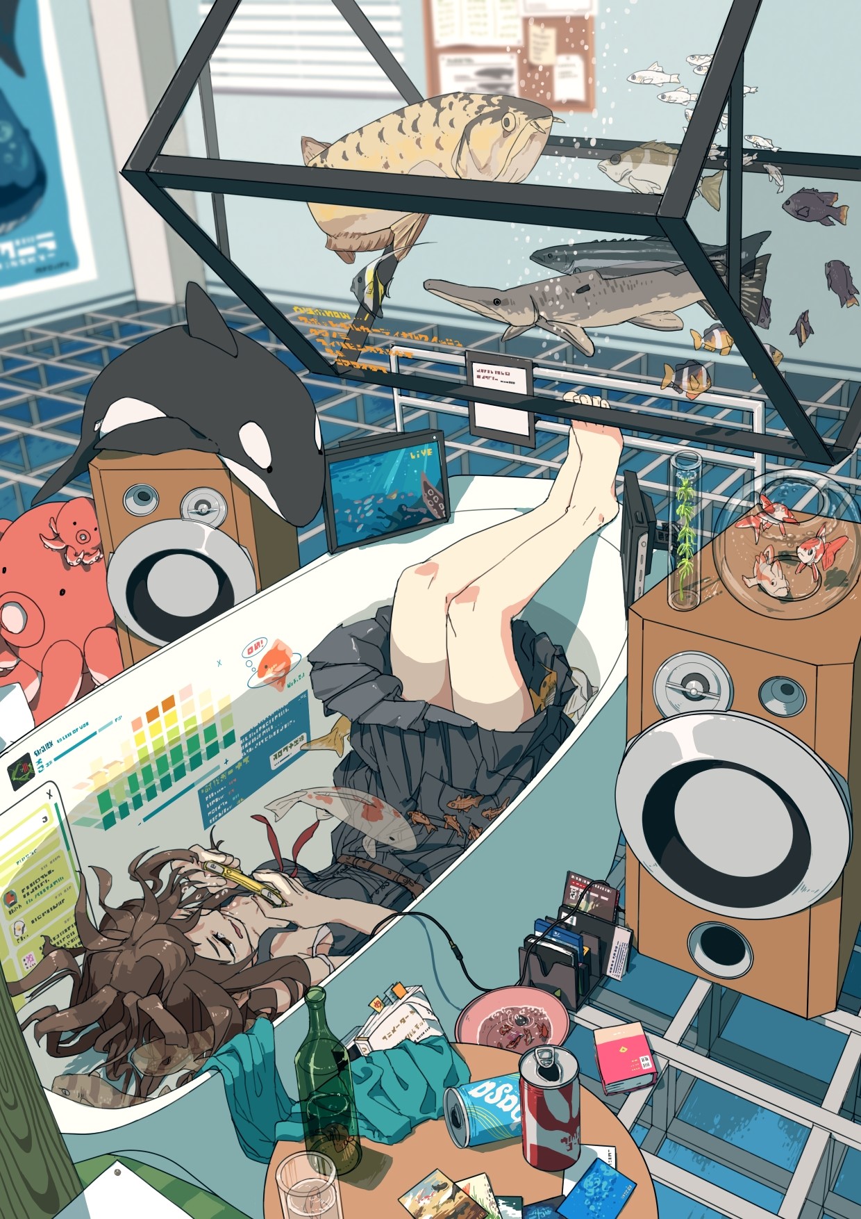 Anime girl in bathtub with fish and orca toy HD Phone Wallpaper
