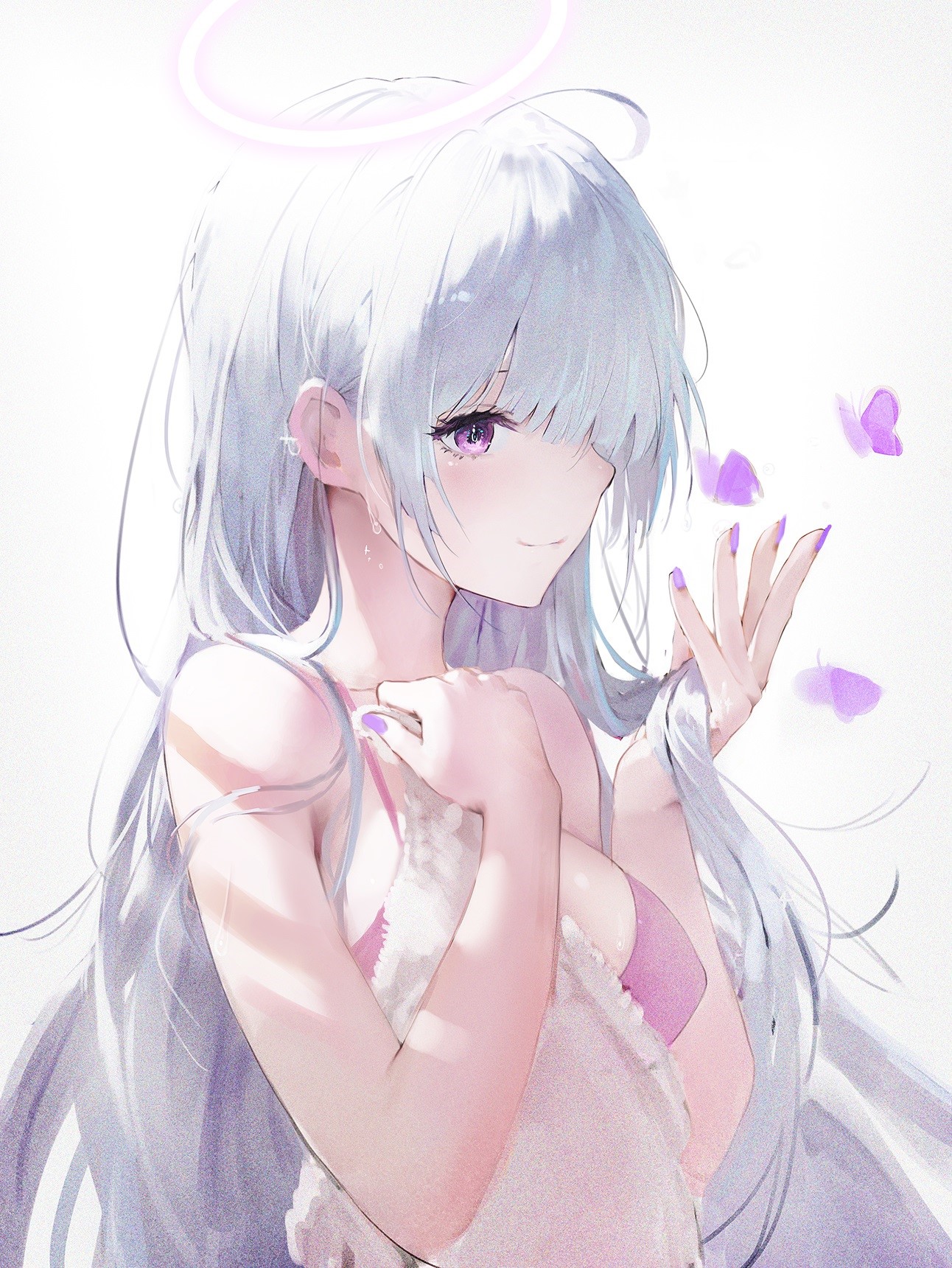 Anime girl with white hair and halo HD Phone Wallpaper