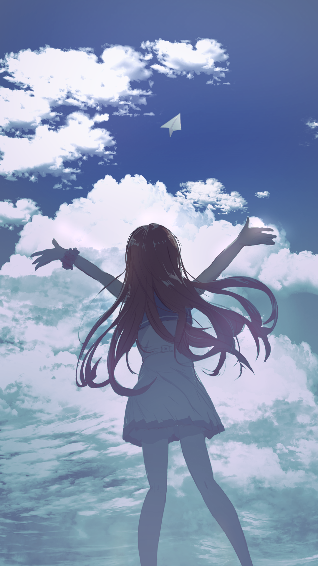 Anime girl with arms outstretched in the sky with paper airplane HD Phone Wallpaper