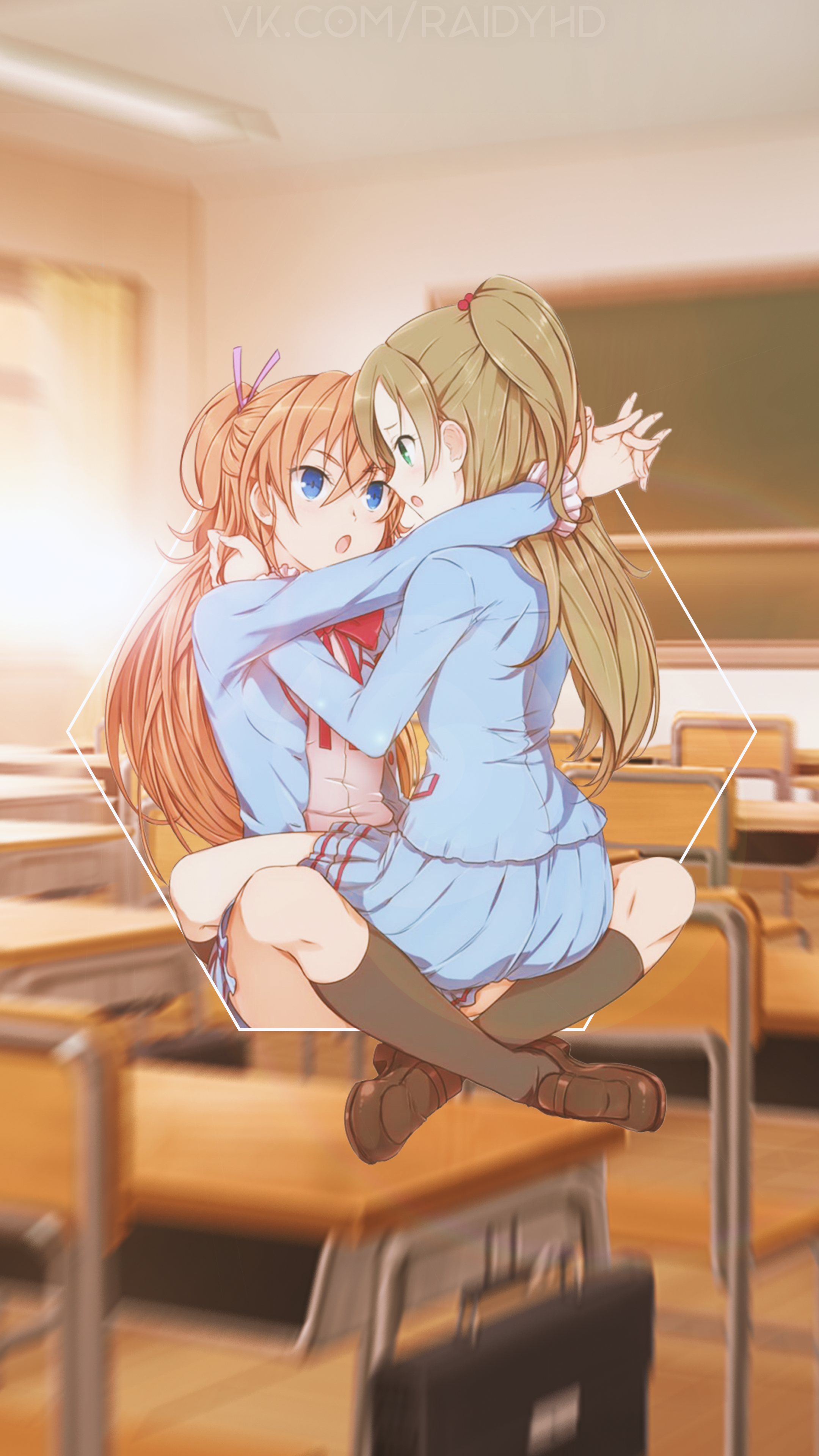 Two anime girls in school uniforms hugging in a classroom HD Phone Wallpaper