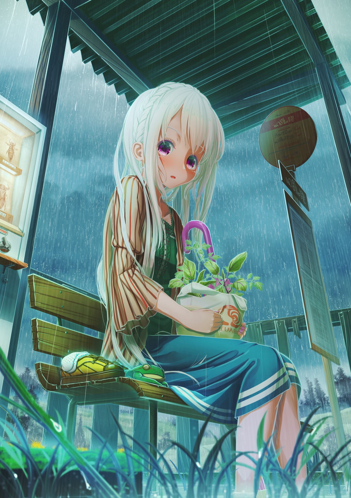 Anime girl with white hair sitting in the rain HD Phone Wallpaper