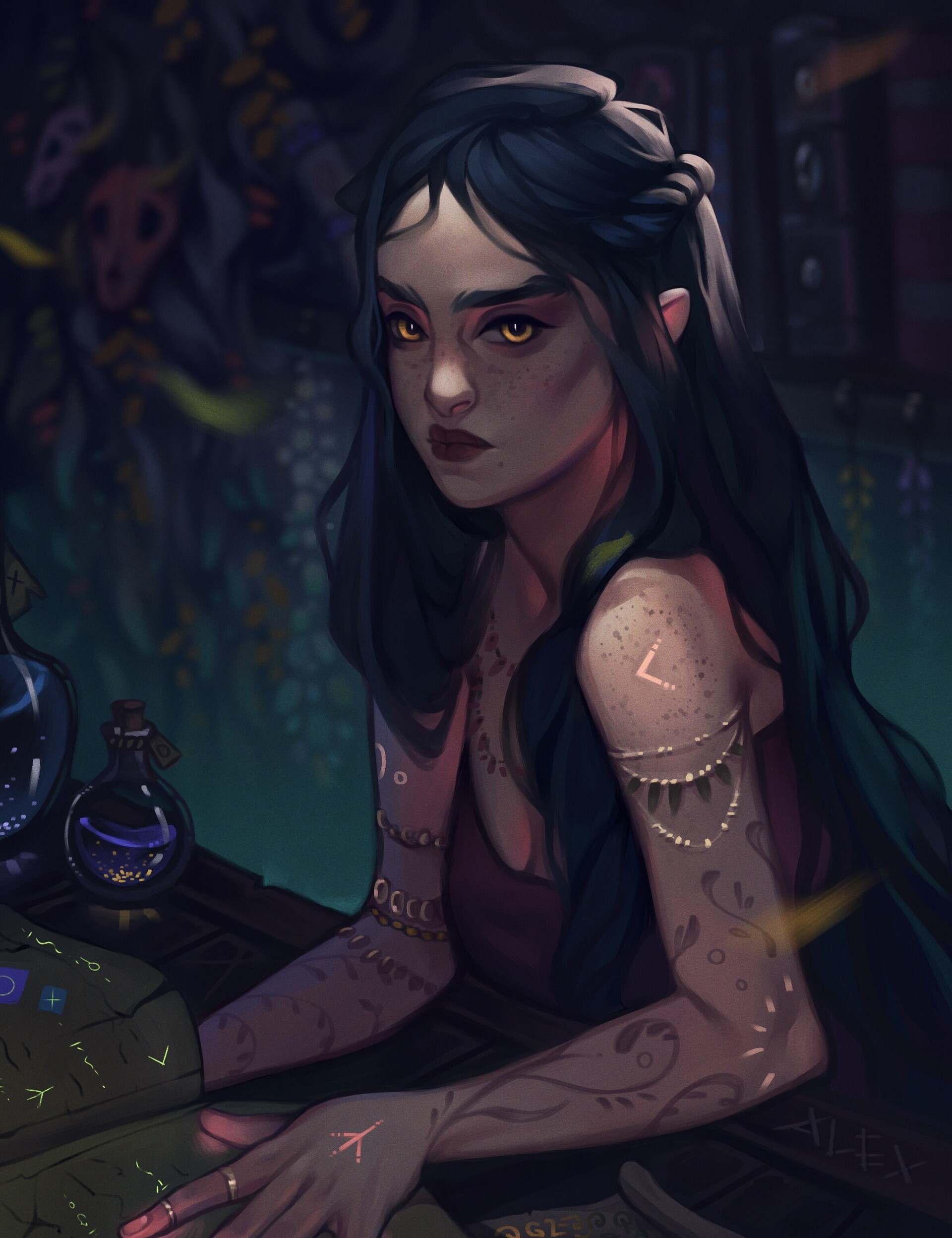 Fantasy art of a woman with dark hair and yellow eyes HD Phone Wallpaper