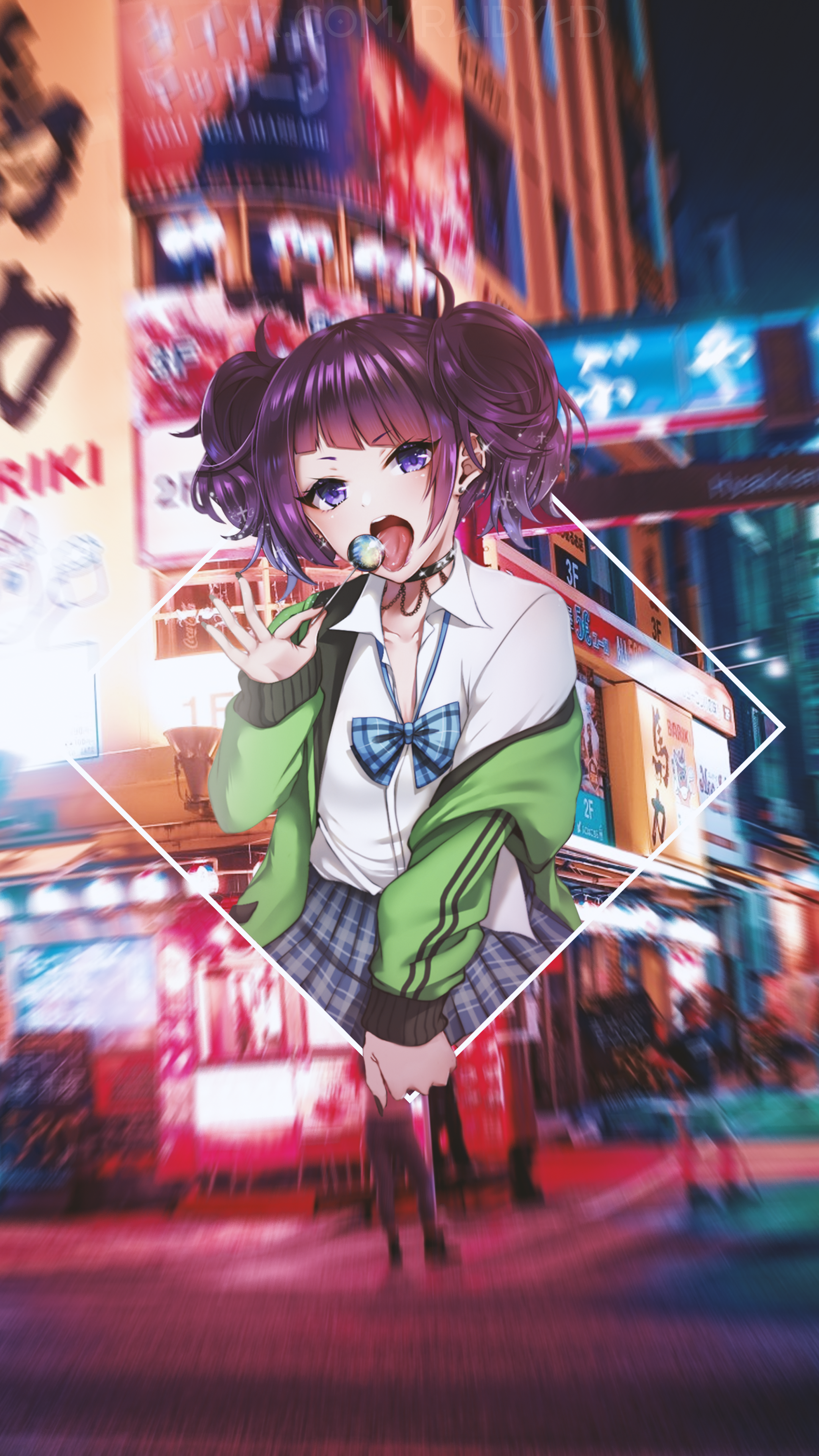 Anime girl with purple hair eating a lollipop in front of a city street HD Phone Wallpaper