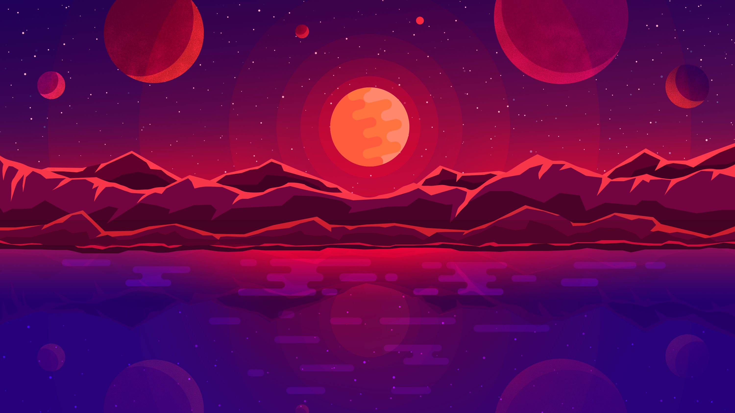Minimalist alien landscape with planets and mountains HD Wallpaper