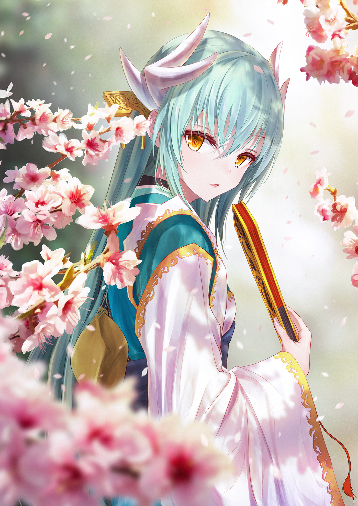 Anime girl with horns and cherry blossoms HD Phone Wallpaper