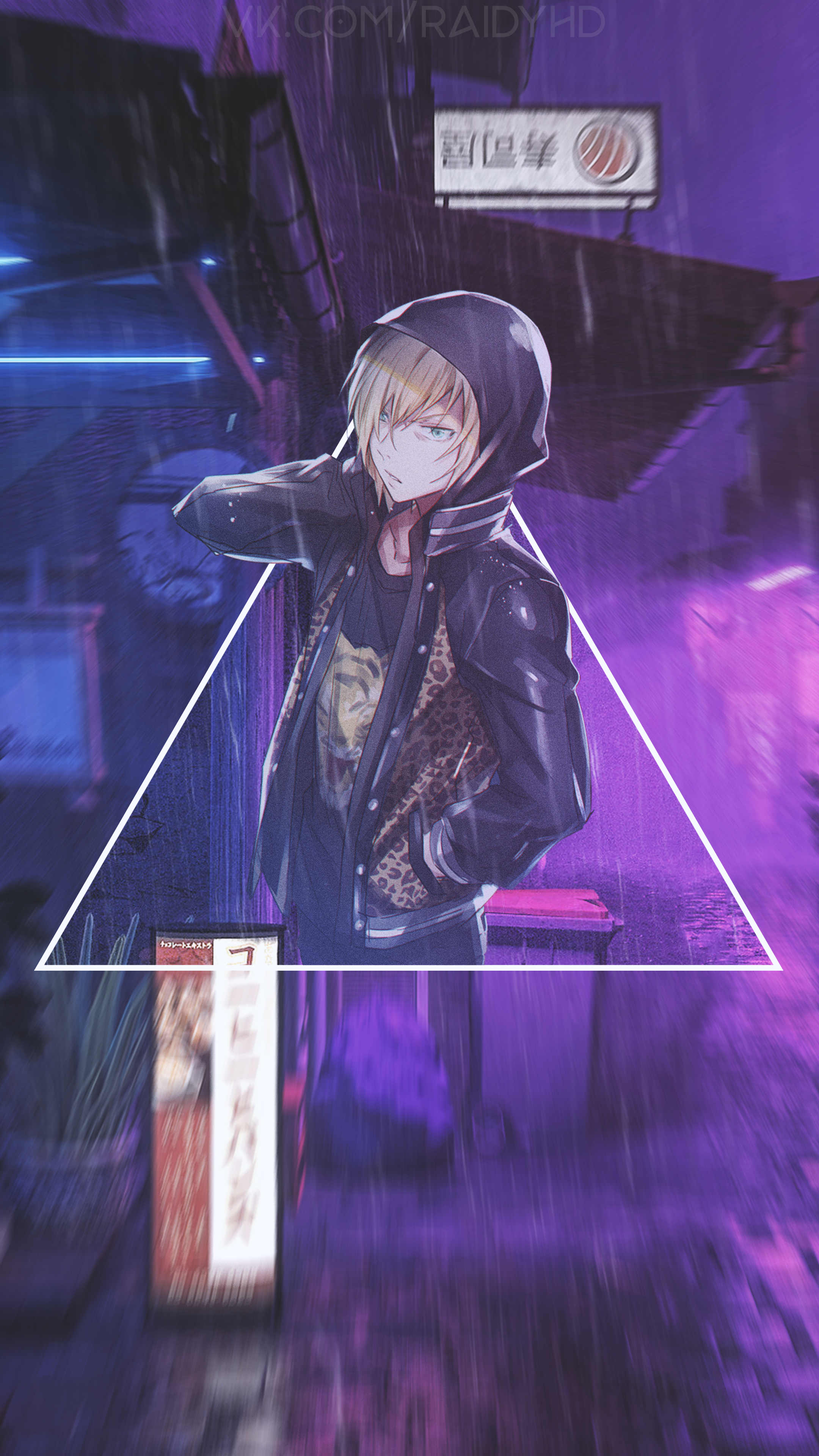 Anime boy in a hooded jacket in a rainy city HD Phone Wallpaper