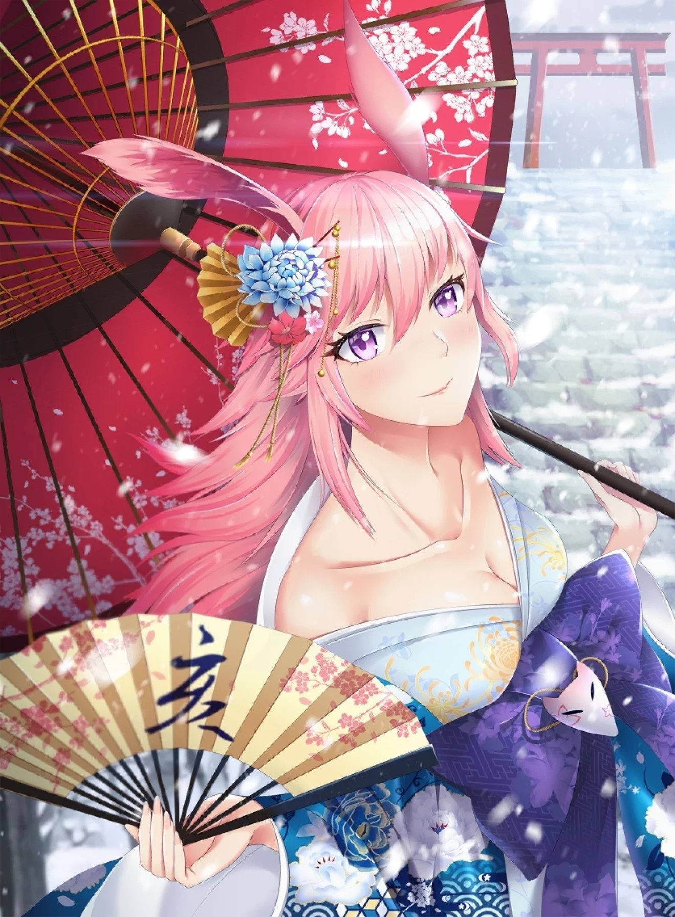 Yae Sakura from Honkai Impact 3rd with umbrella and fan HD Phone Wallpaper