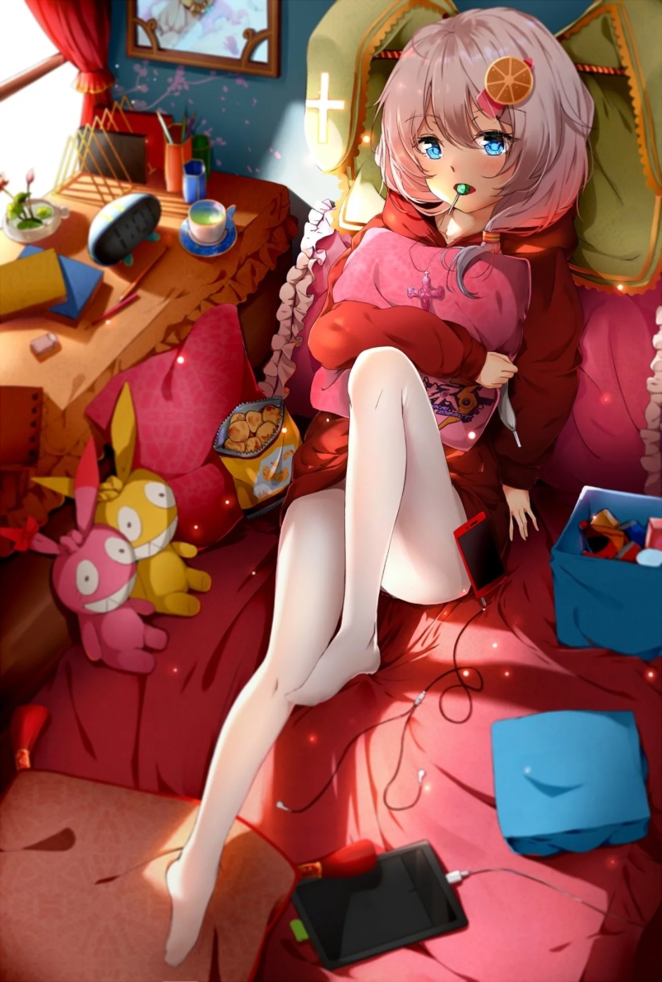 Anime girl with pink hair eating snacks in a room HD Phone Wallpaper