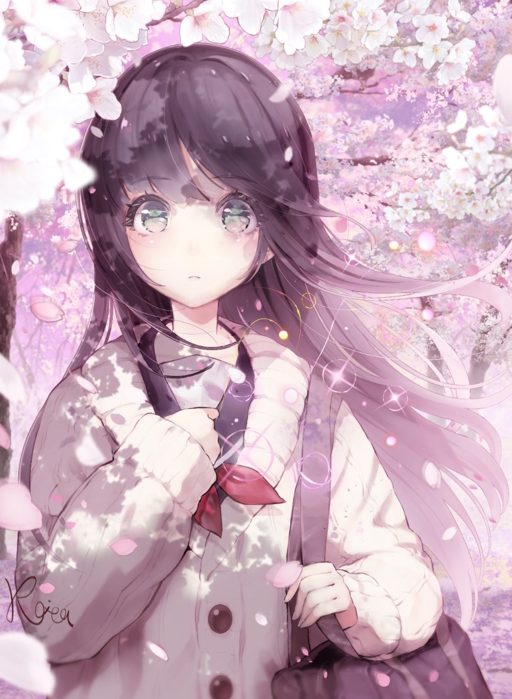 Anime girl in school uniform under cherry blossoms HD Phone Wallpaper