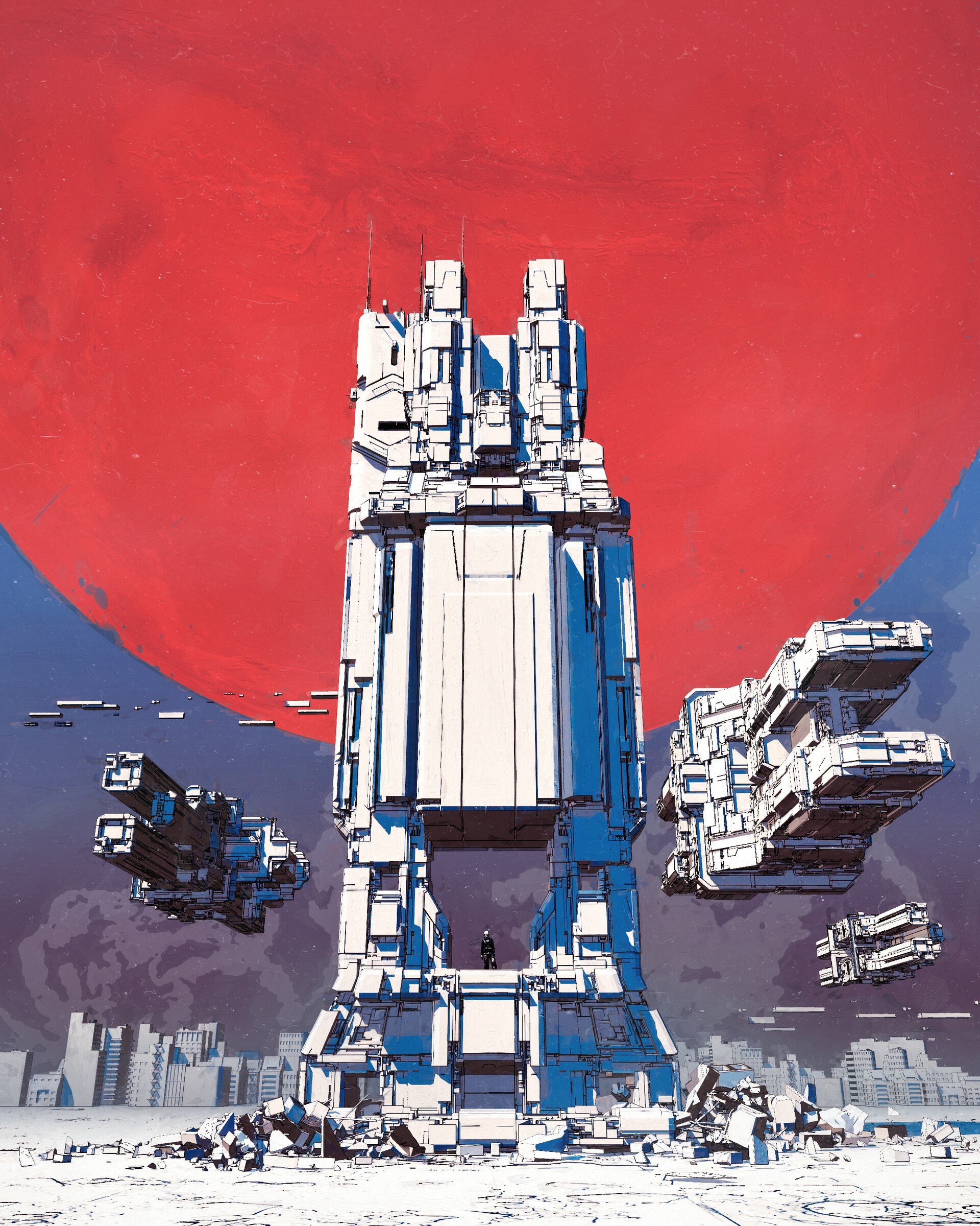 Futuristic Tower Under a Red Moon HD Phone Wallpaper