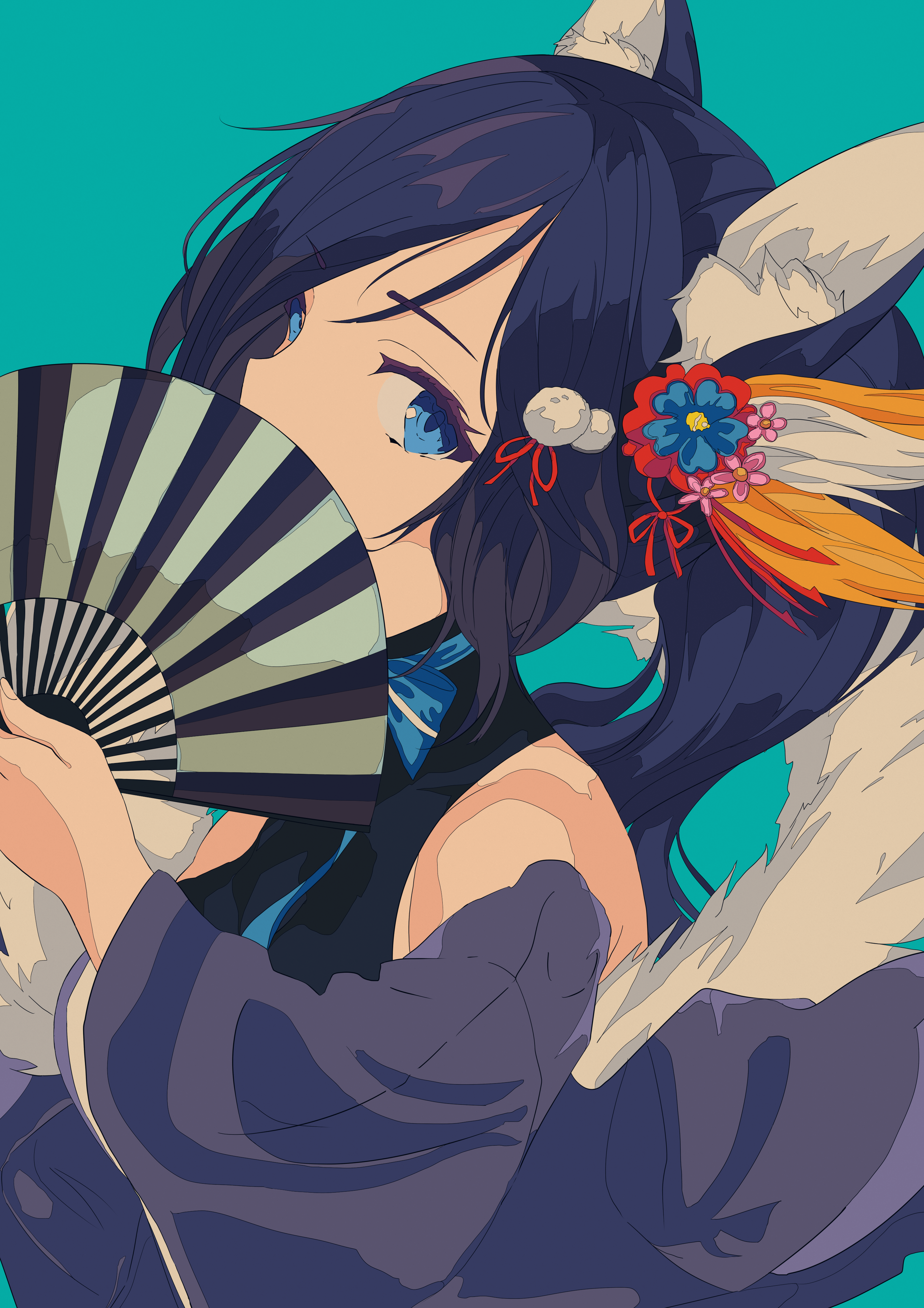 Anime girl with animal ears holding a fan HD Phone Wallpaper