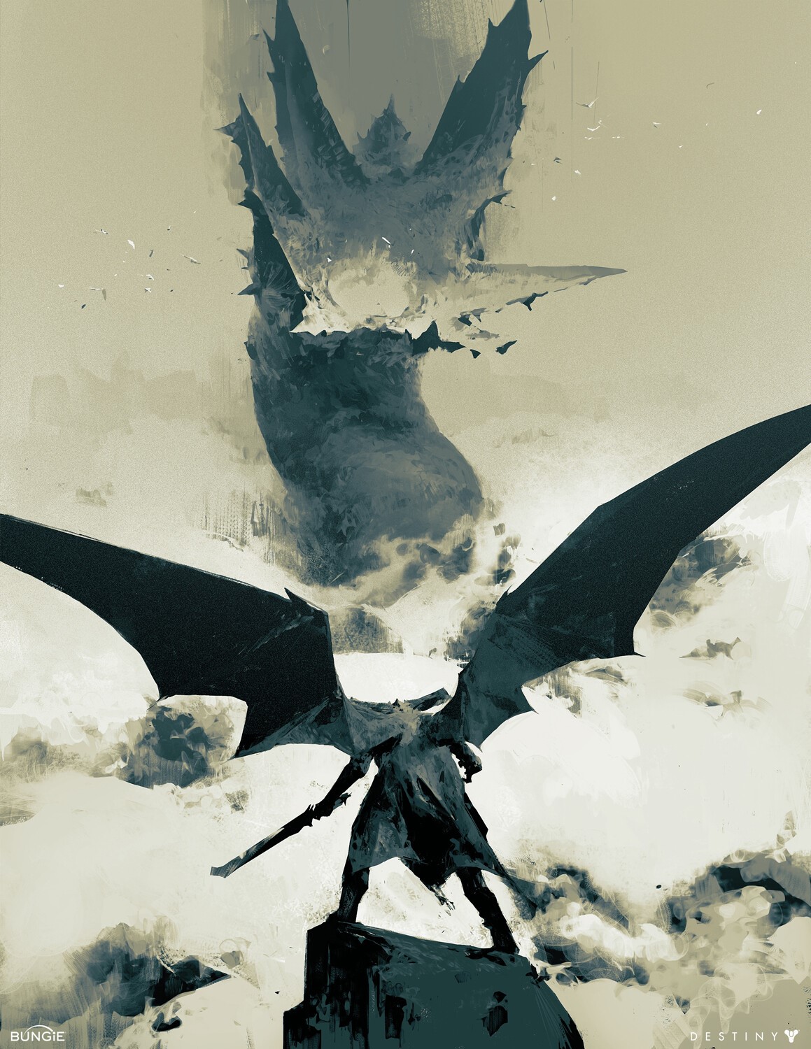Artwork of a winged figure facing a colossal creature HD Phone Wallpaper