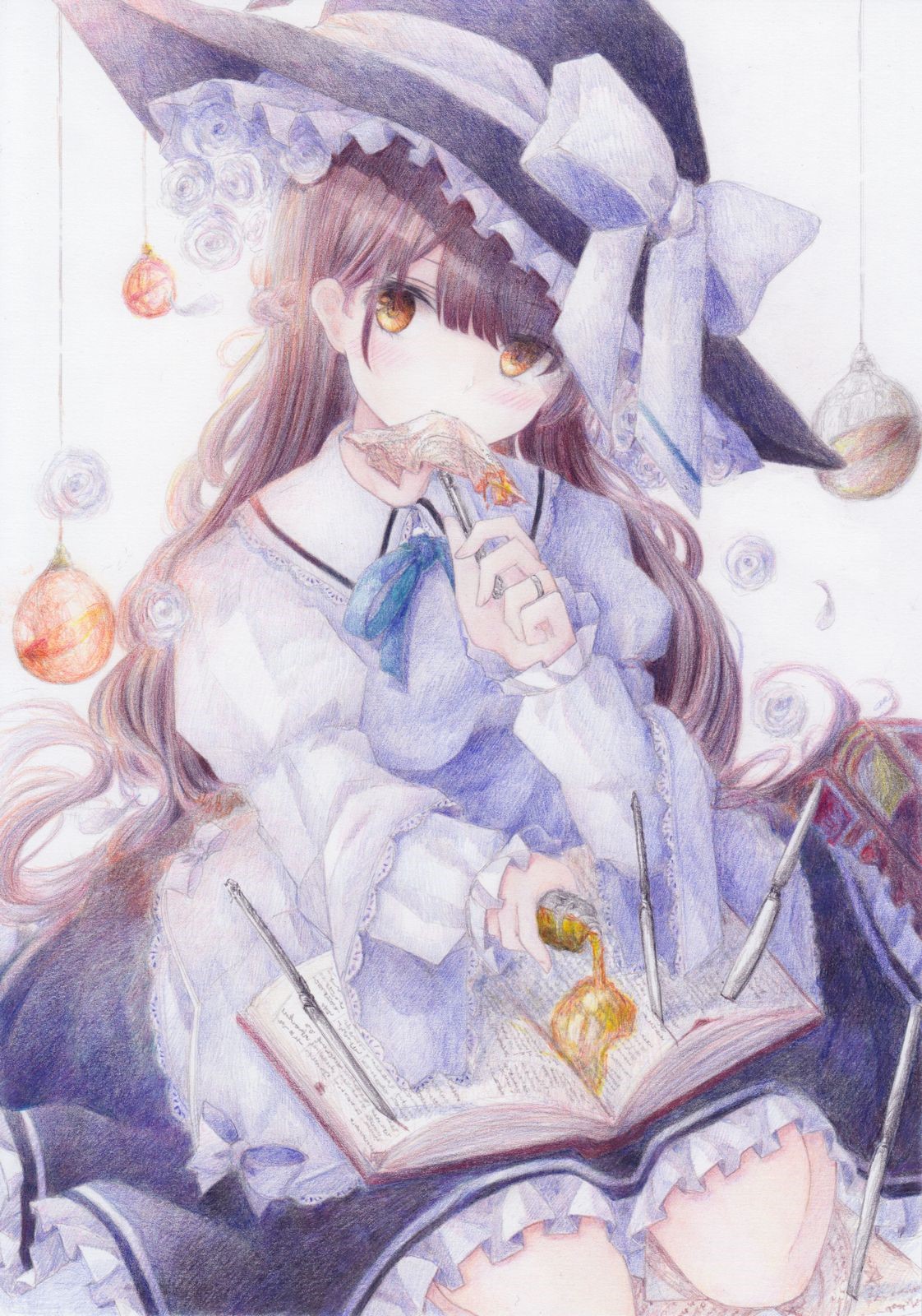 Anime girl in witch hat reading a book HD Phone Wallpaper