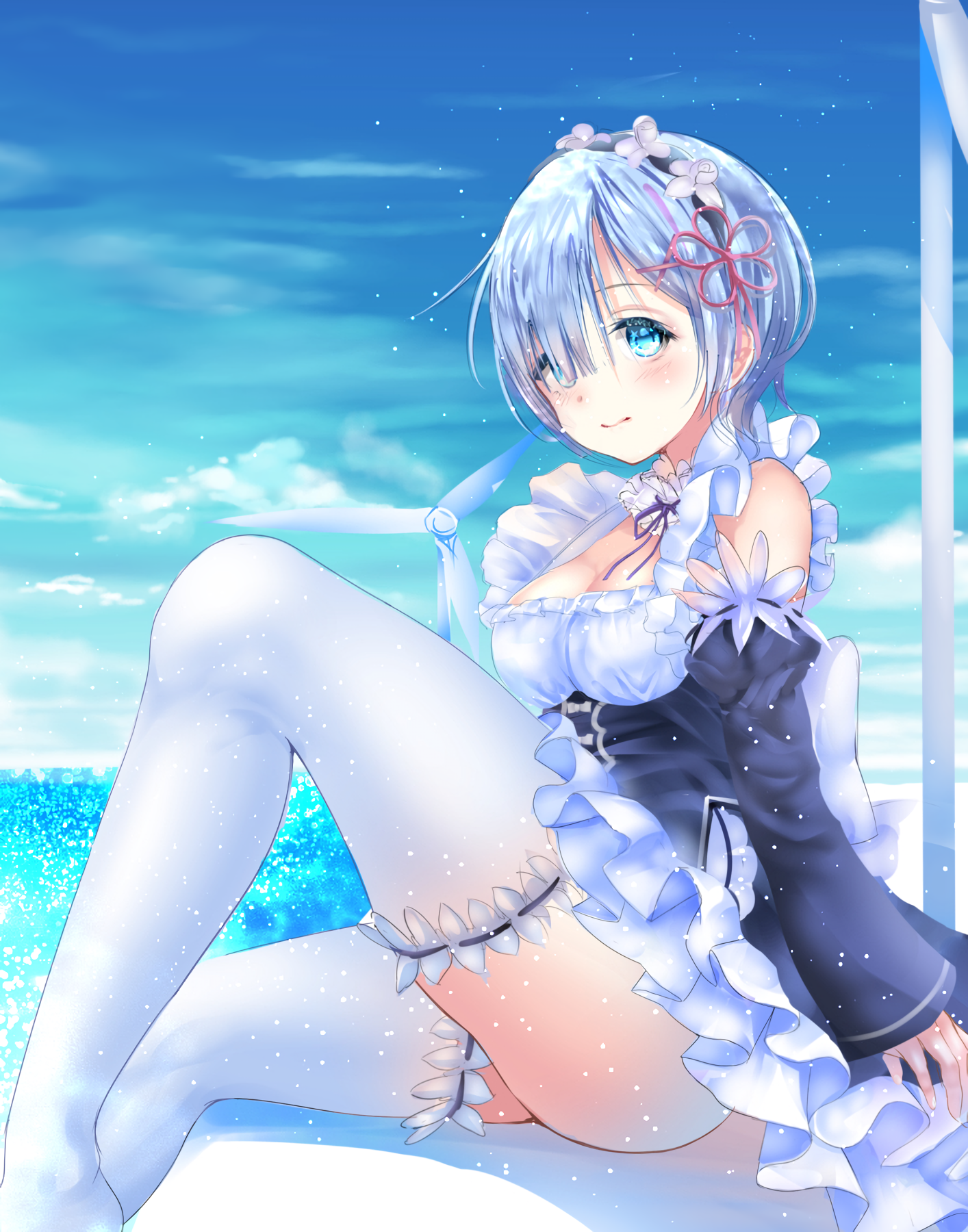 Rem from Re:Zero in a Maid Outfit by the Sea HD Phone Wallpaper