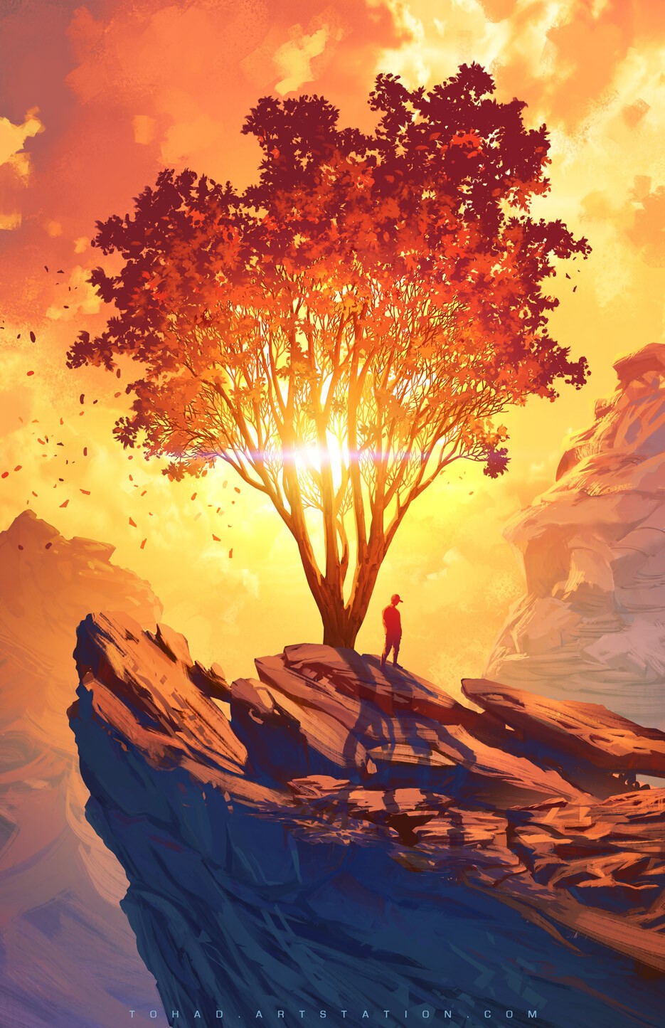 Man on cliff with tree at sunset, fantasy art HD Phone Wallpaper