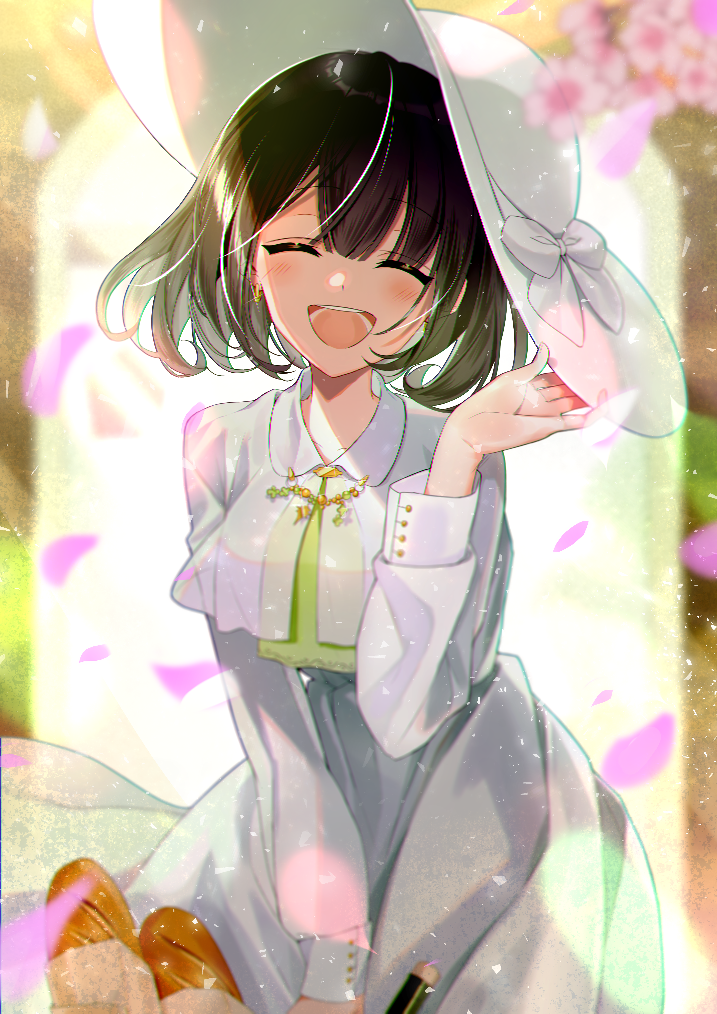 Anime girl in white dress and hat with bread HD Phone Wallpaper