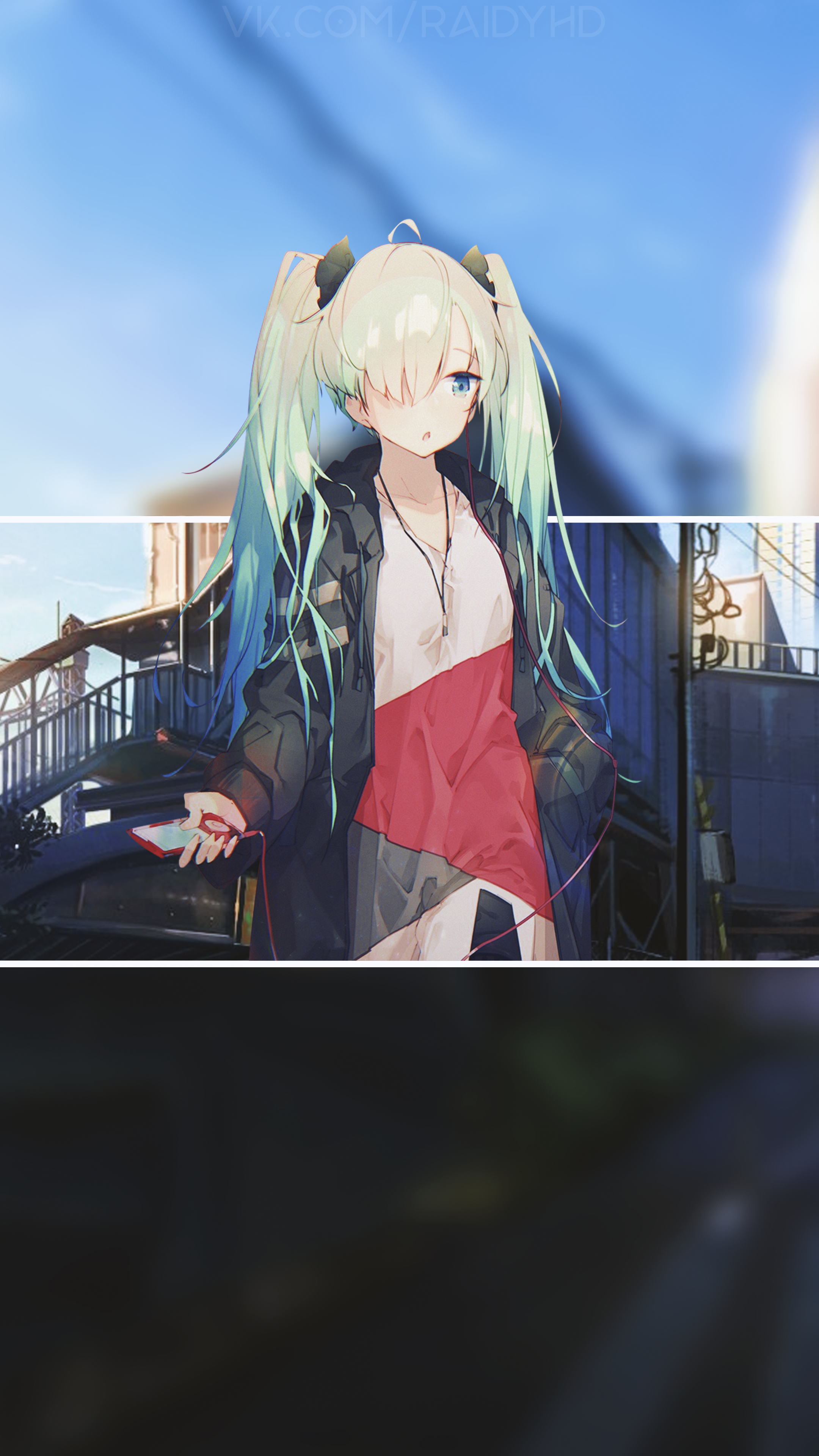 Anime girl with pigtails and headphones in urban setting HD Phone Wallpaper