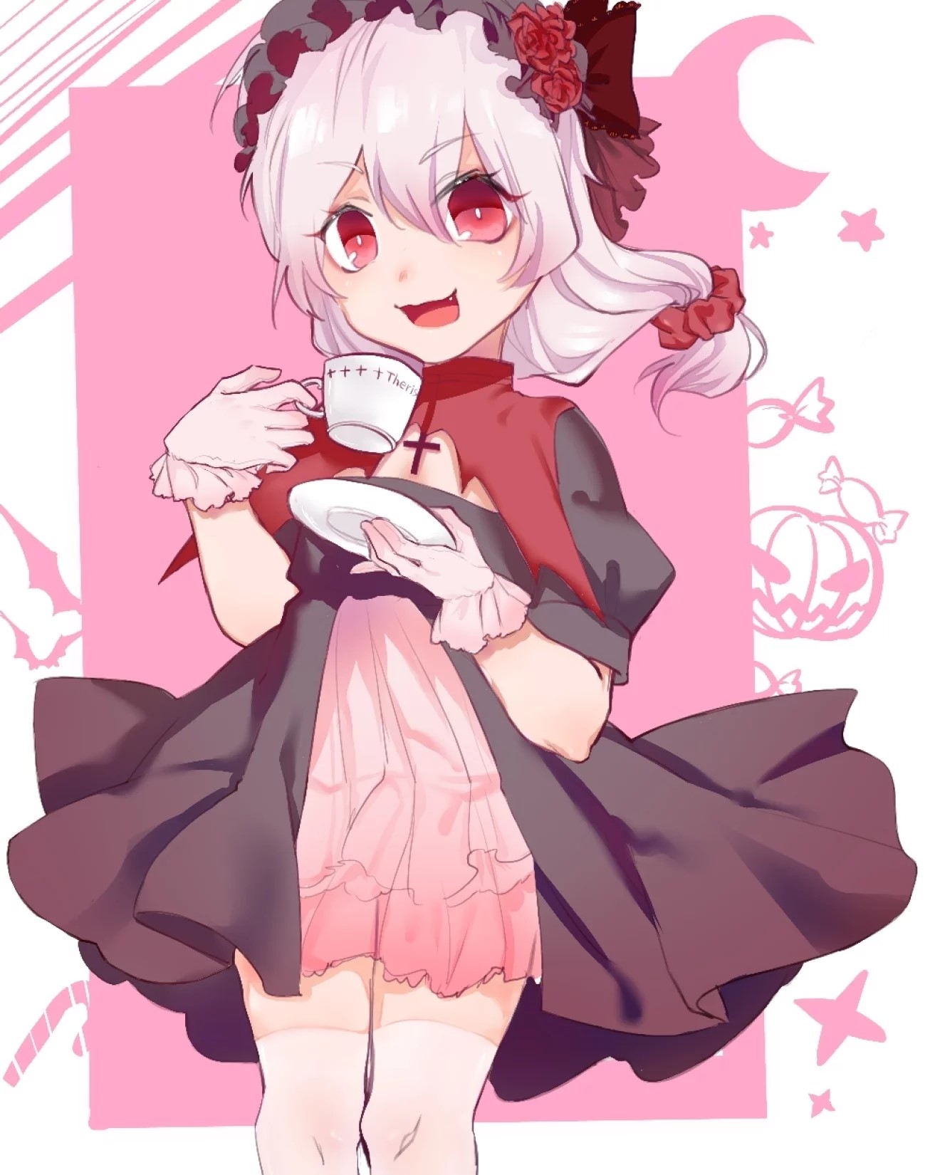 Anime girl with red eyes holding a cup HD Phone Wallpaper