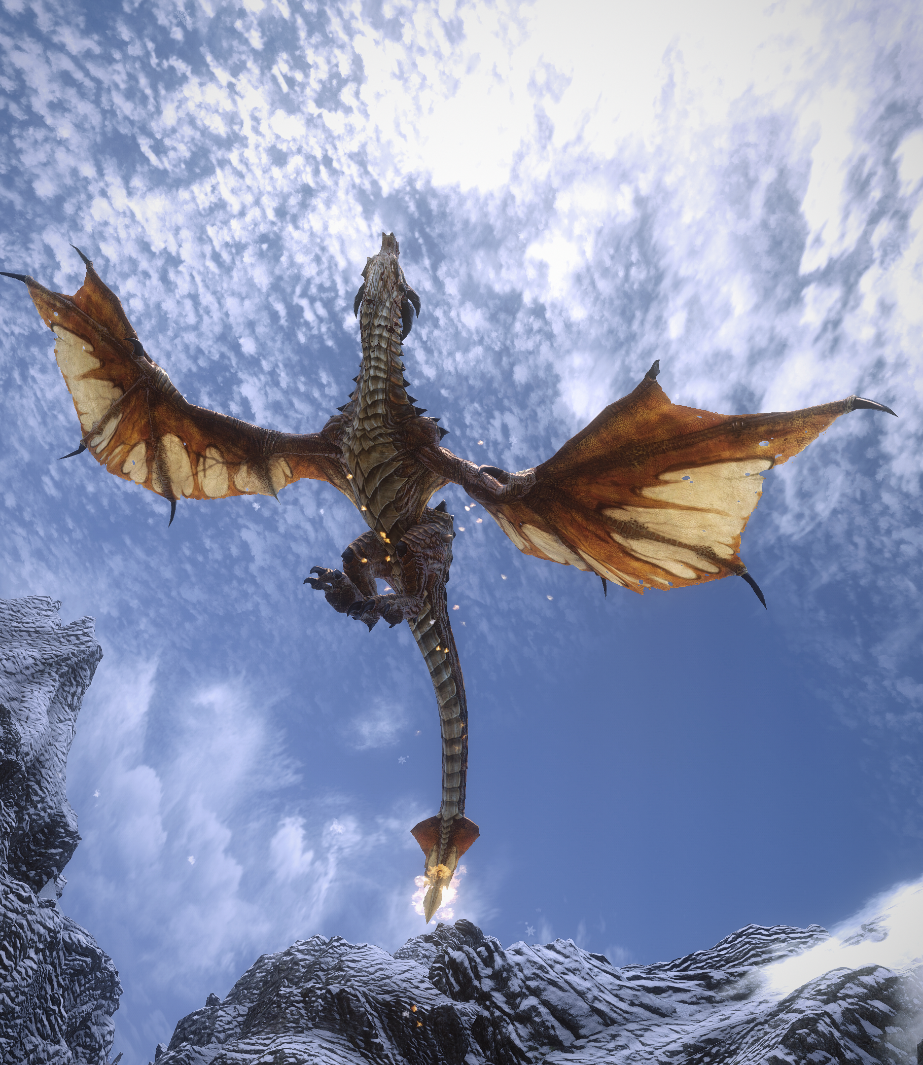 Dragon flying over snowy mountains in Skyrim HD Phone Wallpaper