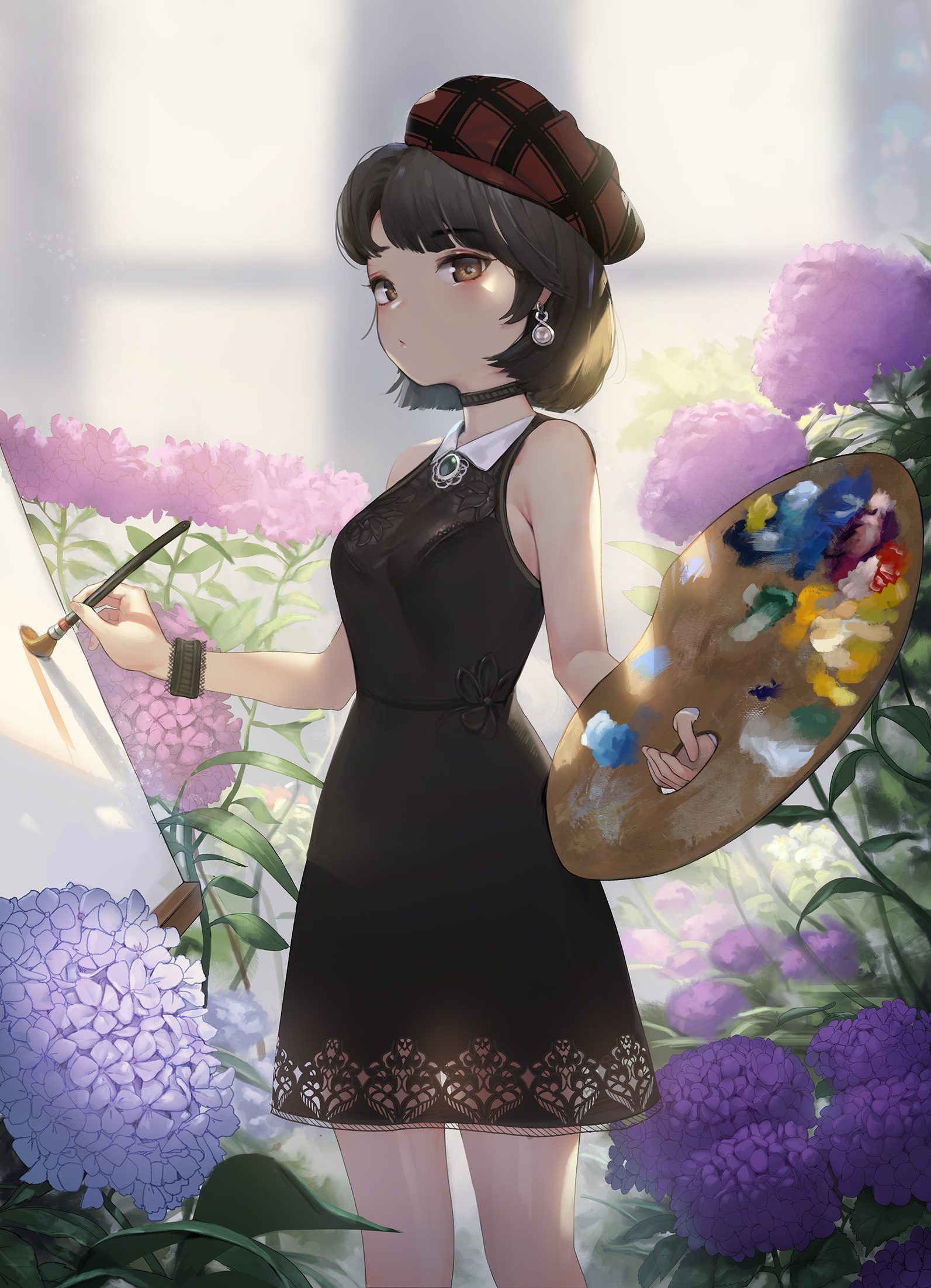Anime girl painting in a garden with hydrangeas HD Phone Wallpaper