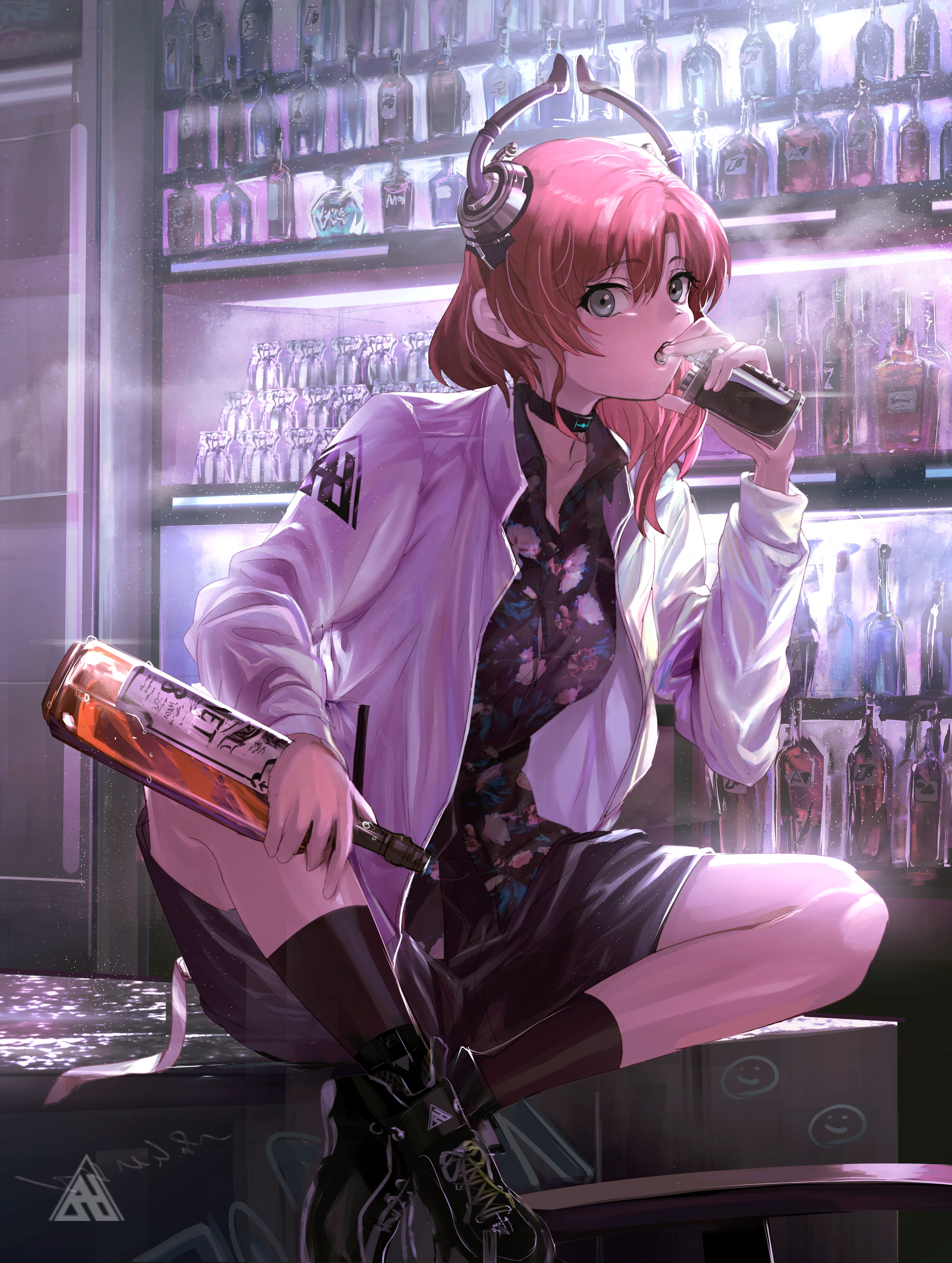 Anime girl with pink hair drinking at a bar HD Phone Wallpaper