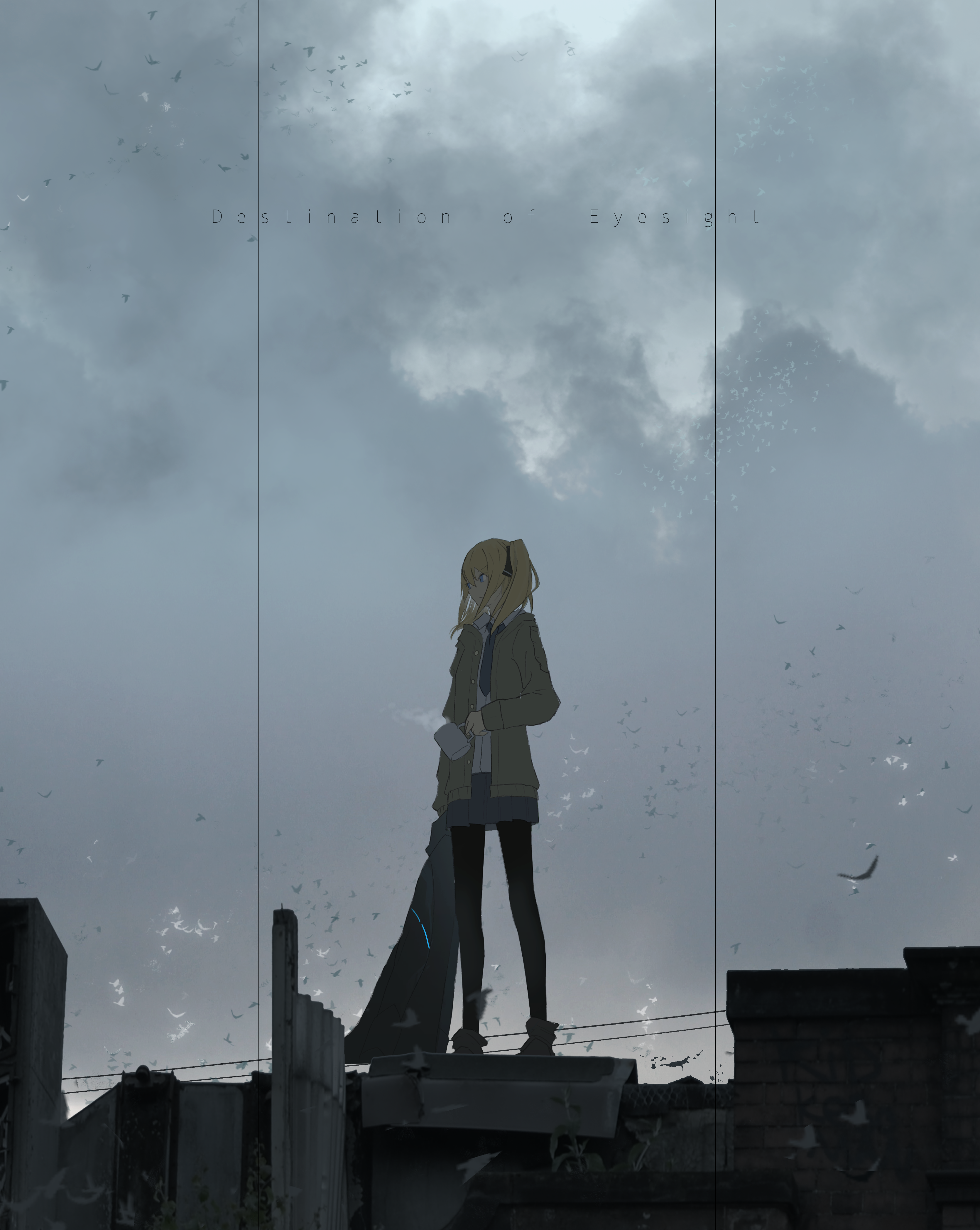Anime girl with blonde hair on a rooftop HD Phone Wallpaper