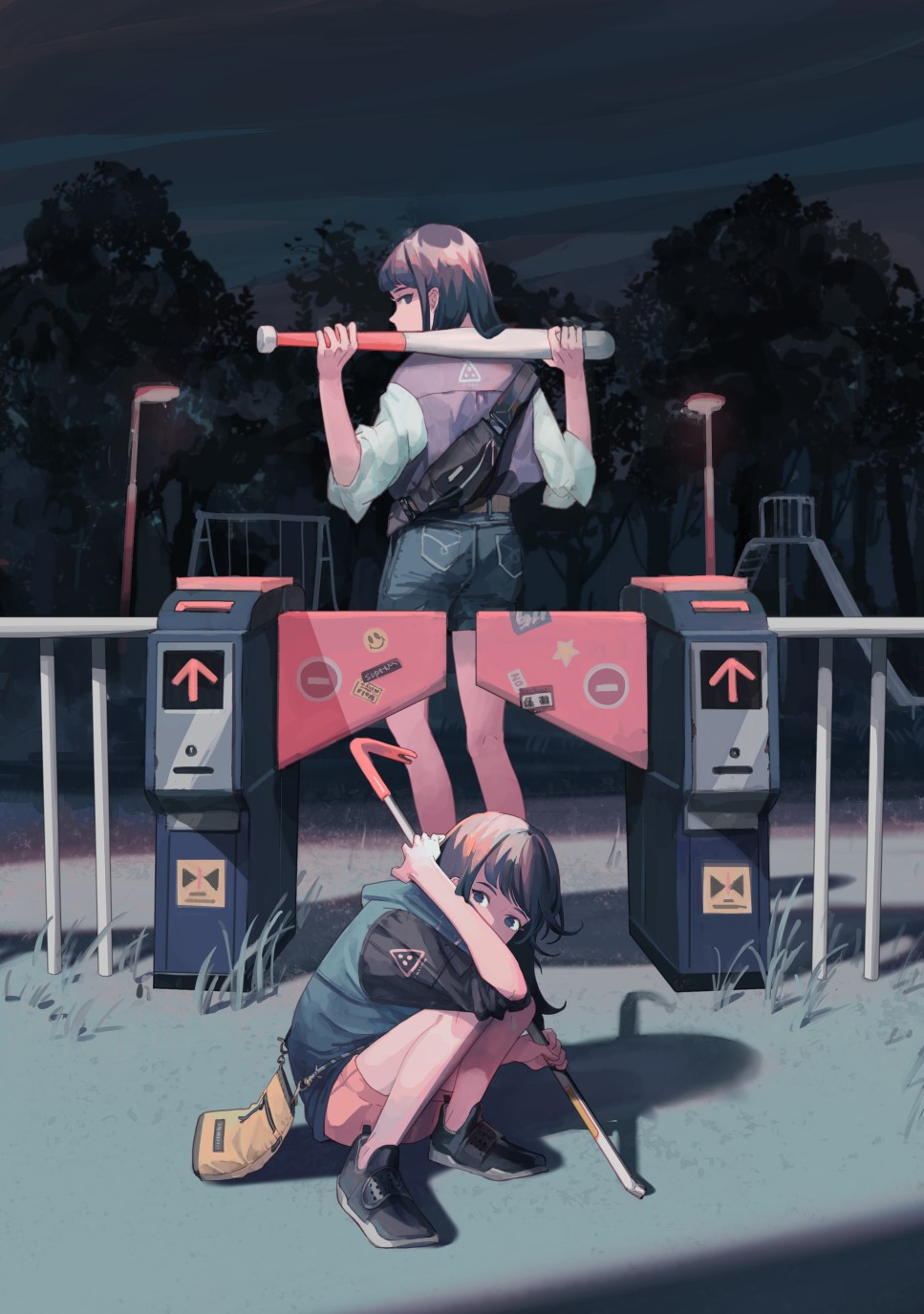 Two anime girls with baseball bats and crowbars HD Phone Wallpaper