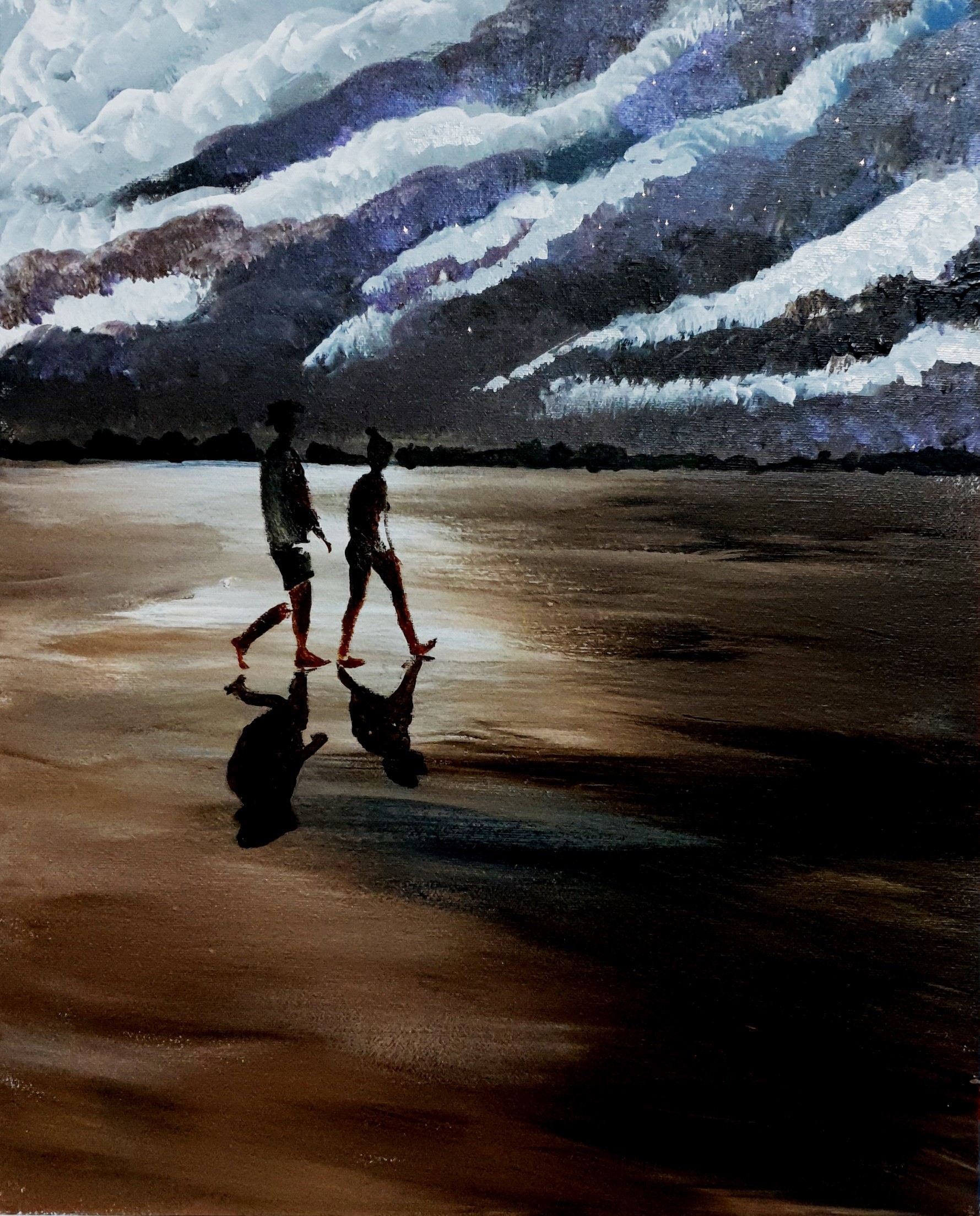 Two figures walk on a beach under a stormy sky HD Phone Wallpaper