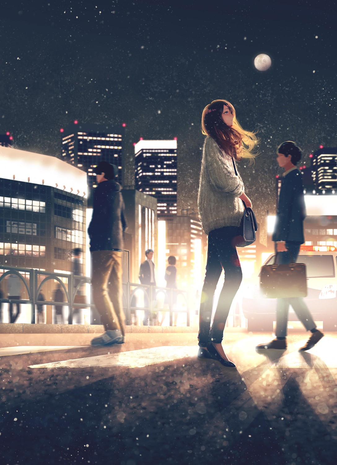 Anime couple walking on a city street at night HD Phone Wallpaper