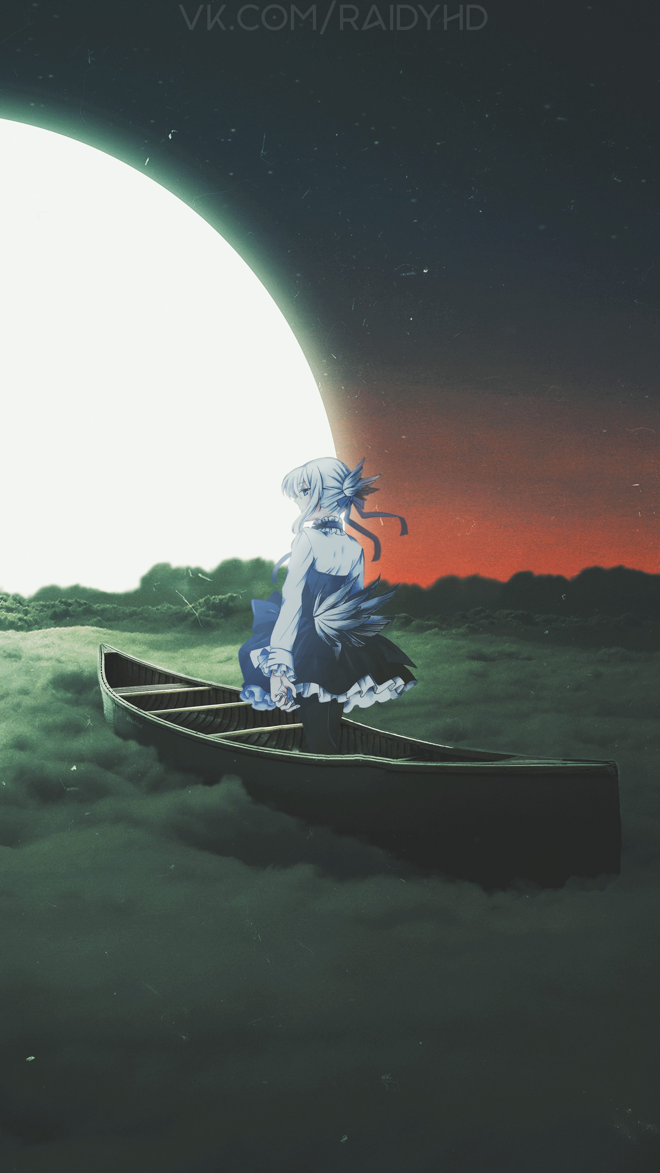 Anime girl in a boat under a large moon HD Phone Wallpaper