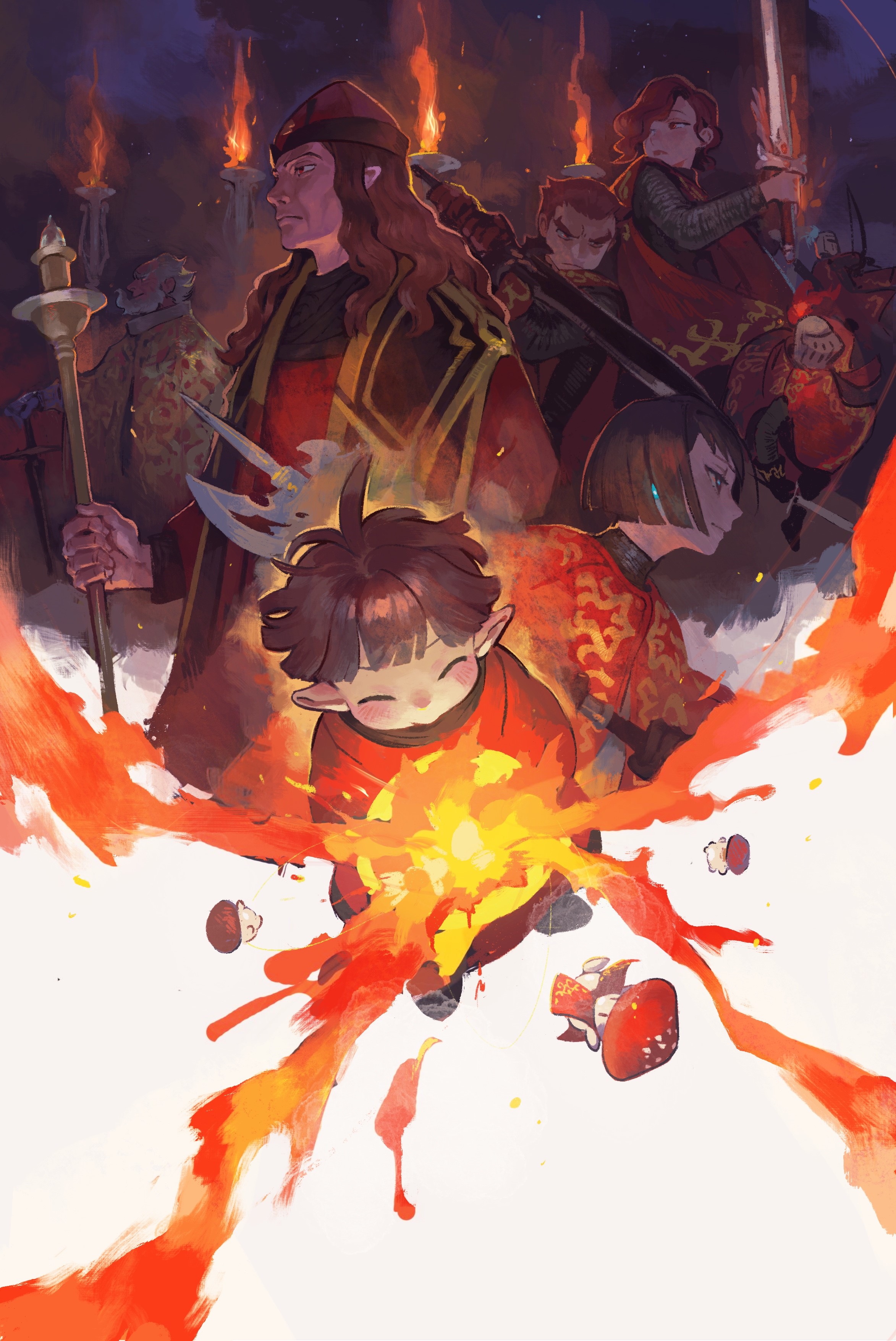 Fantasy art of a child holding fire with warriors behind HD Phone Wallpaper