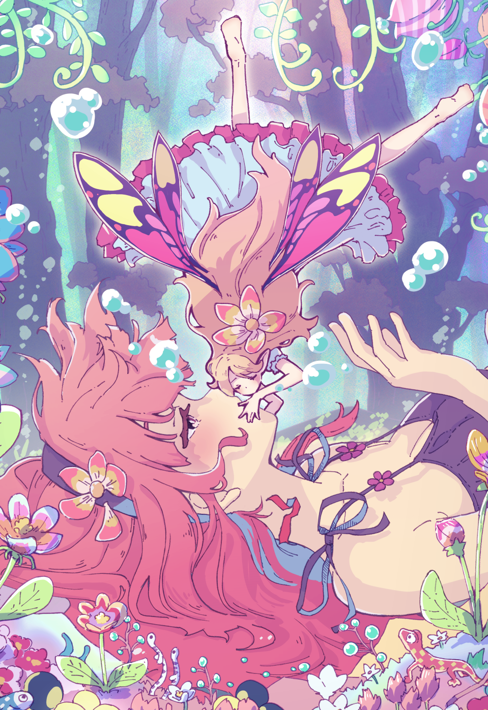 Two anime girls with butterfly wings in a forest HD Phone Wallpaper