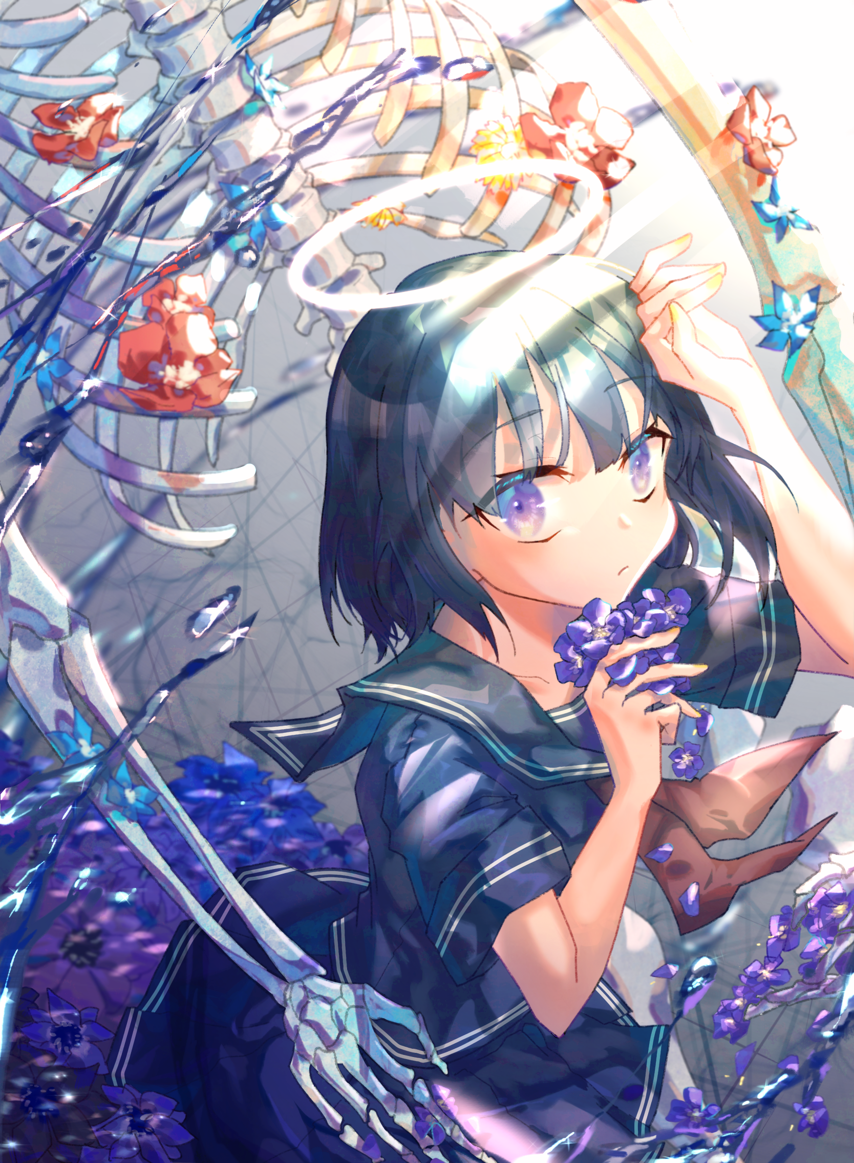 Anime girl with halo and skeleton surrounded by flowers HD Phone Wallpaper