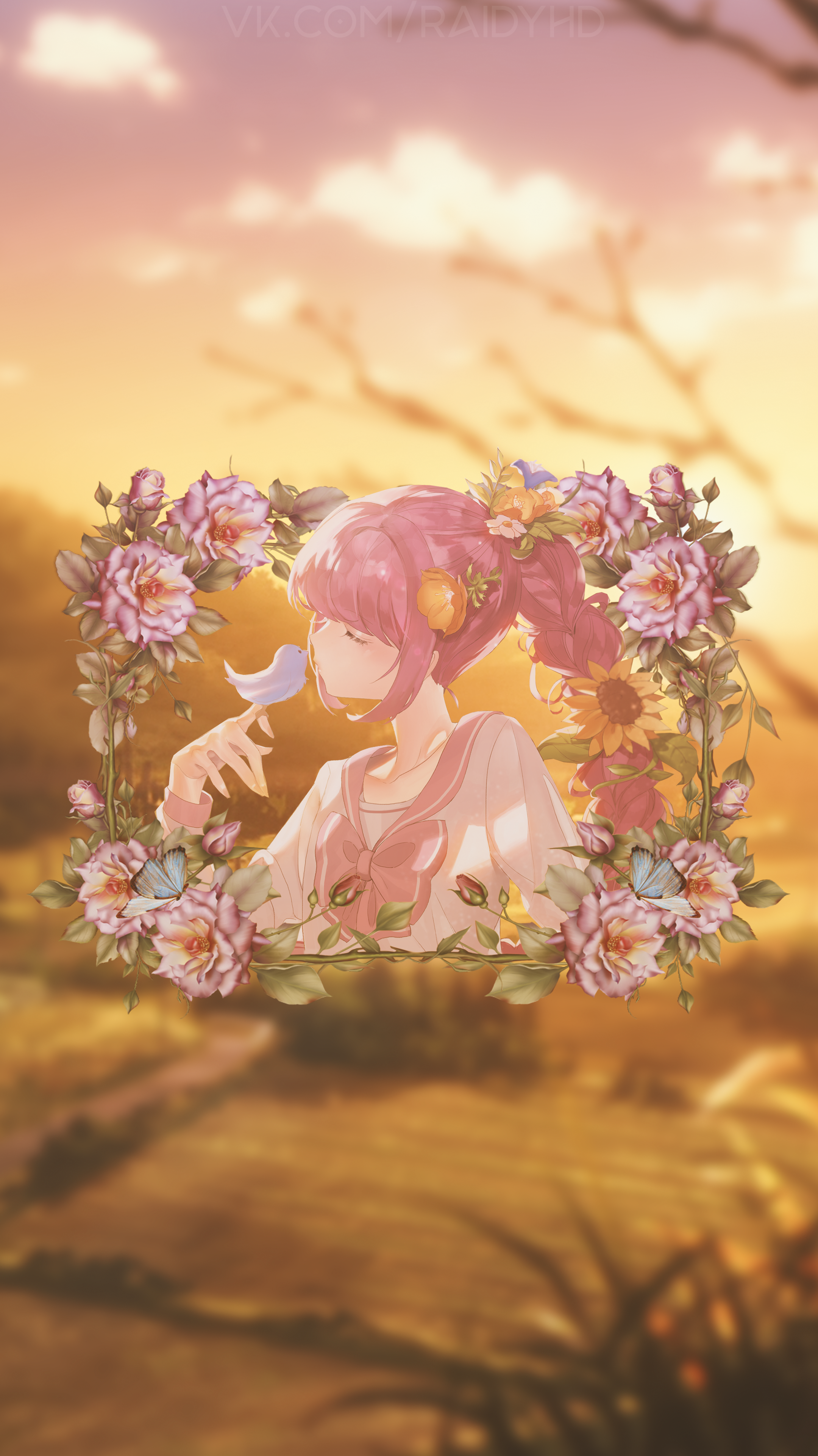 Anime girl with pink hair in a floral frame HD Phone Wallpaper