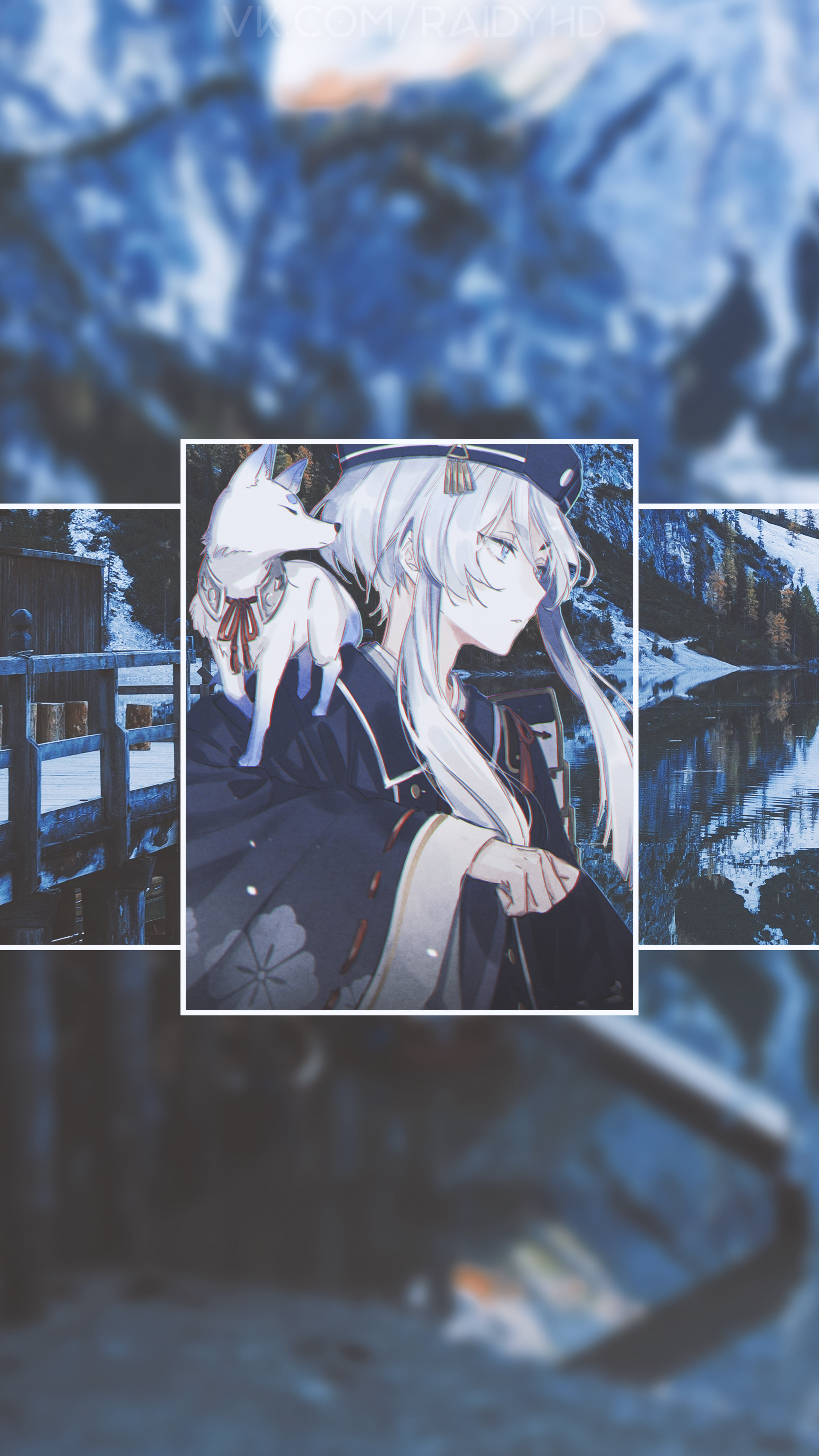 Anime girl with white hair and fox in snowy landscape HD Phone Wallpaper